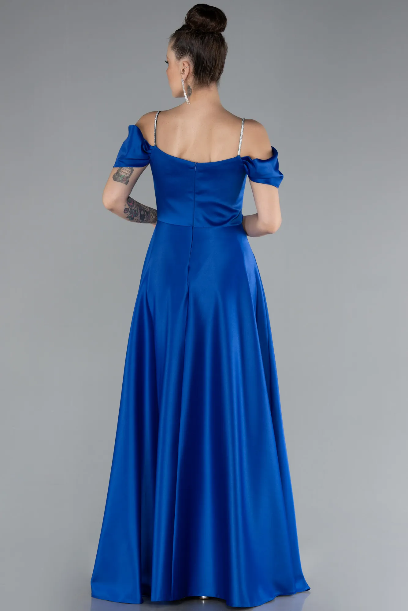 Sax Blue-Slit Long Satin Prom Gown ABU4531