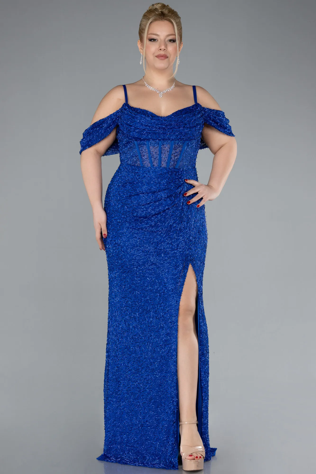 Sax Blue-Slit Long Stone Plus Size Prom Dress ABU4395