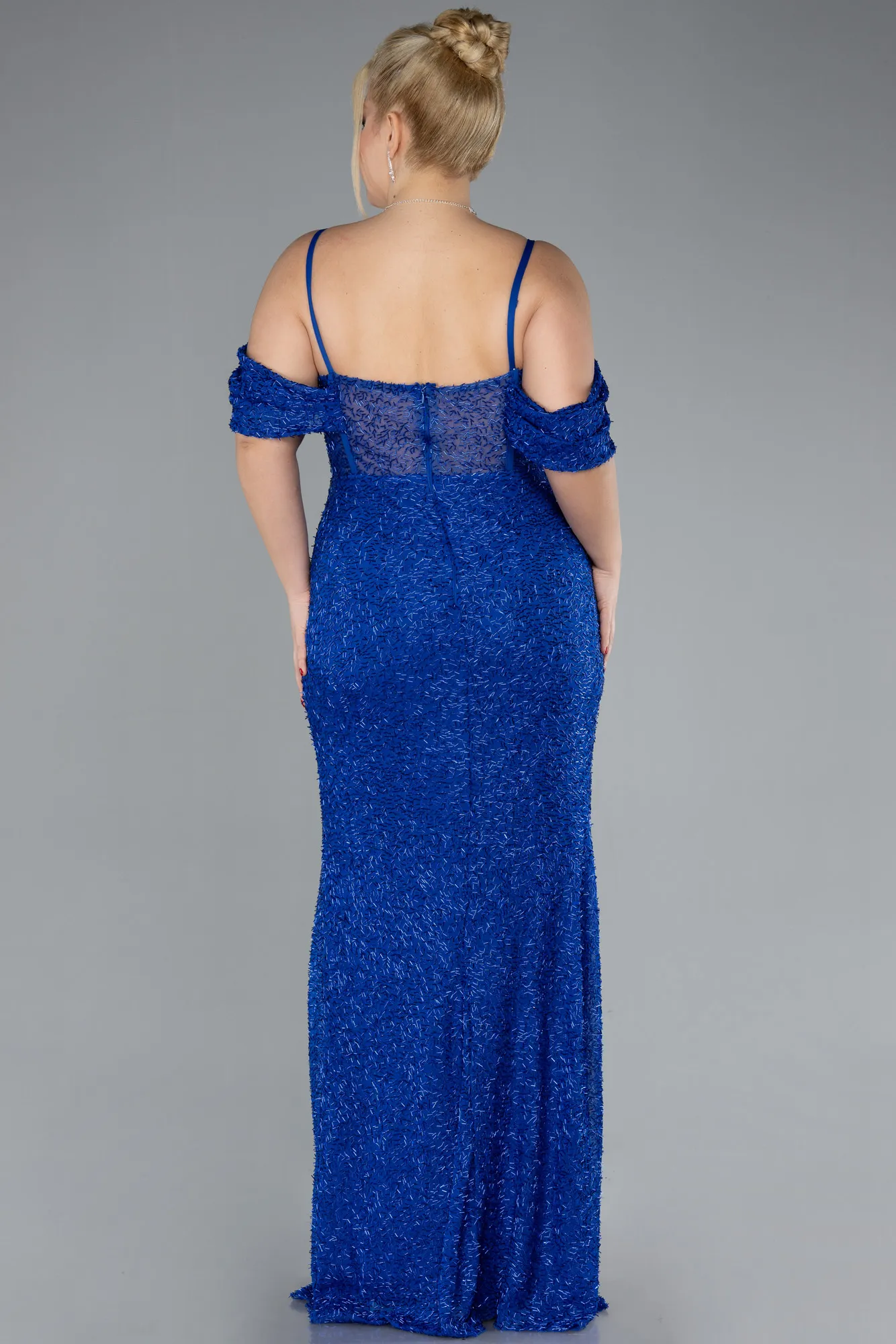 Sax Blue-Slit Long Stone Plus Size Prom Dress ABU4395