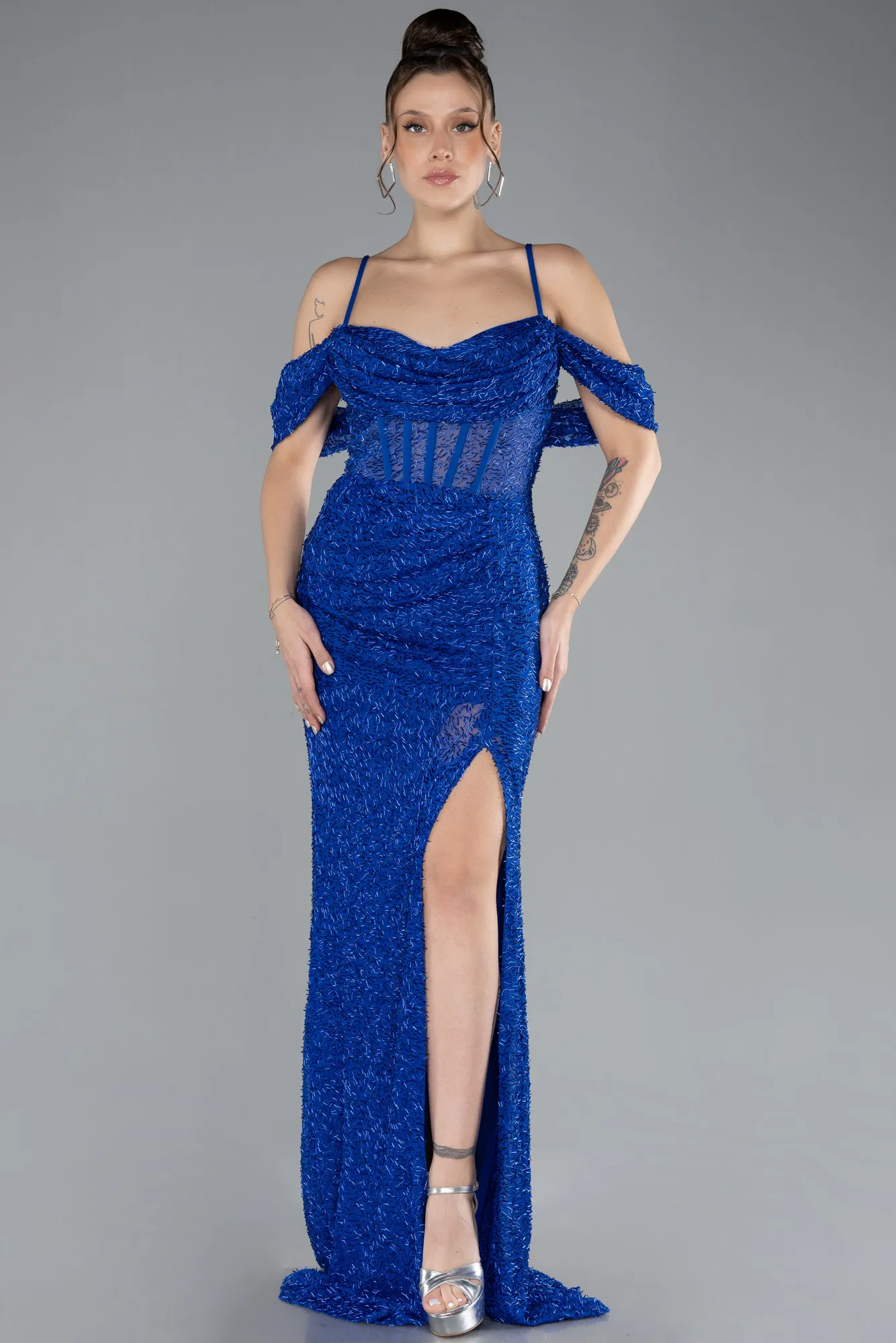 Sax Blue-Slit Long Stone Prom Gown ABU4394