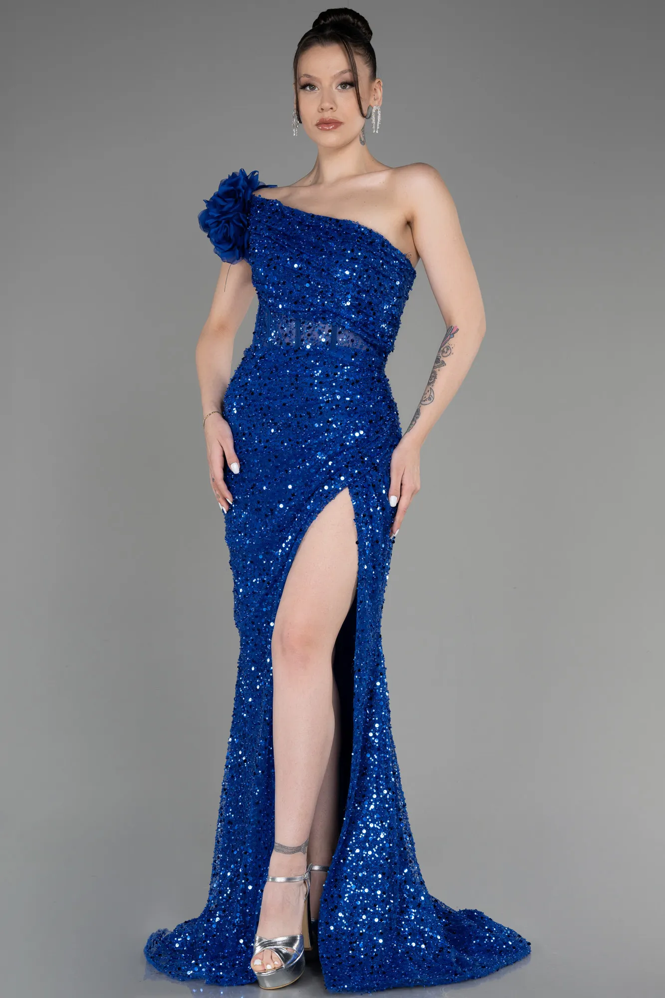 Sax Blue-Slit Scaly Long Evening Gown ABU3865