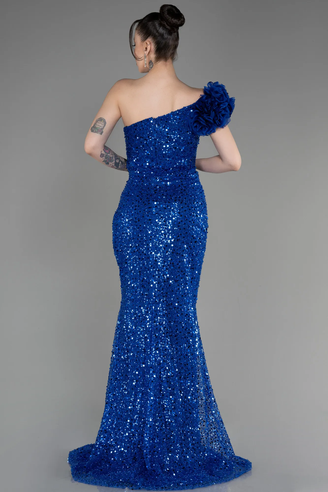 Sax Blue-Slit Scaly Long Evening Gown ABU3865