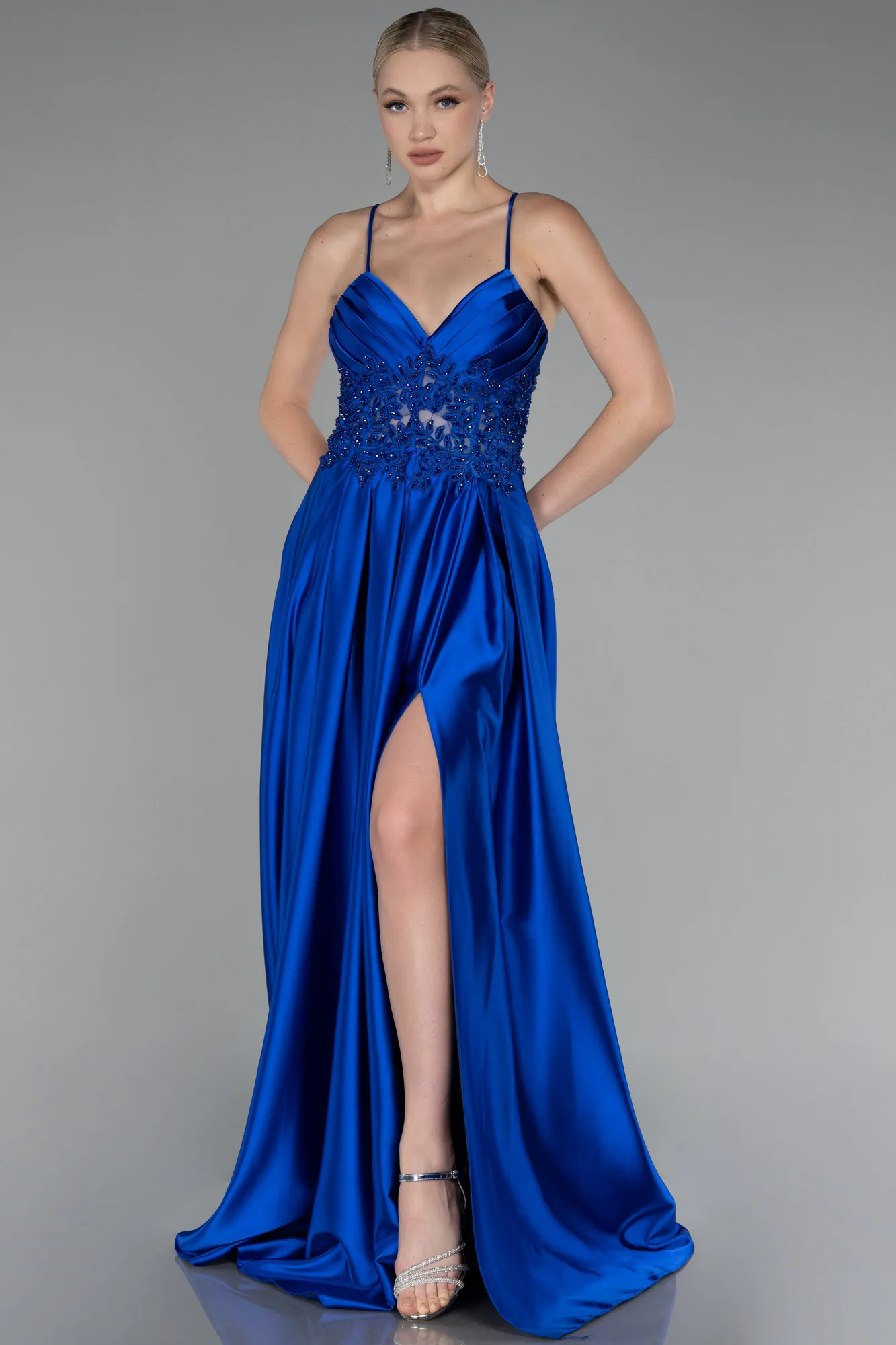 Sax Blue-Srappy Long Satin Prom Gown ABU4133