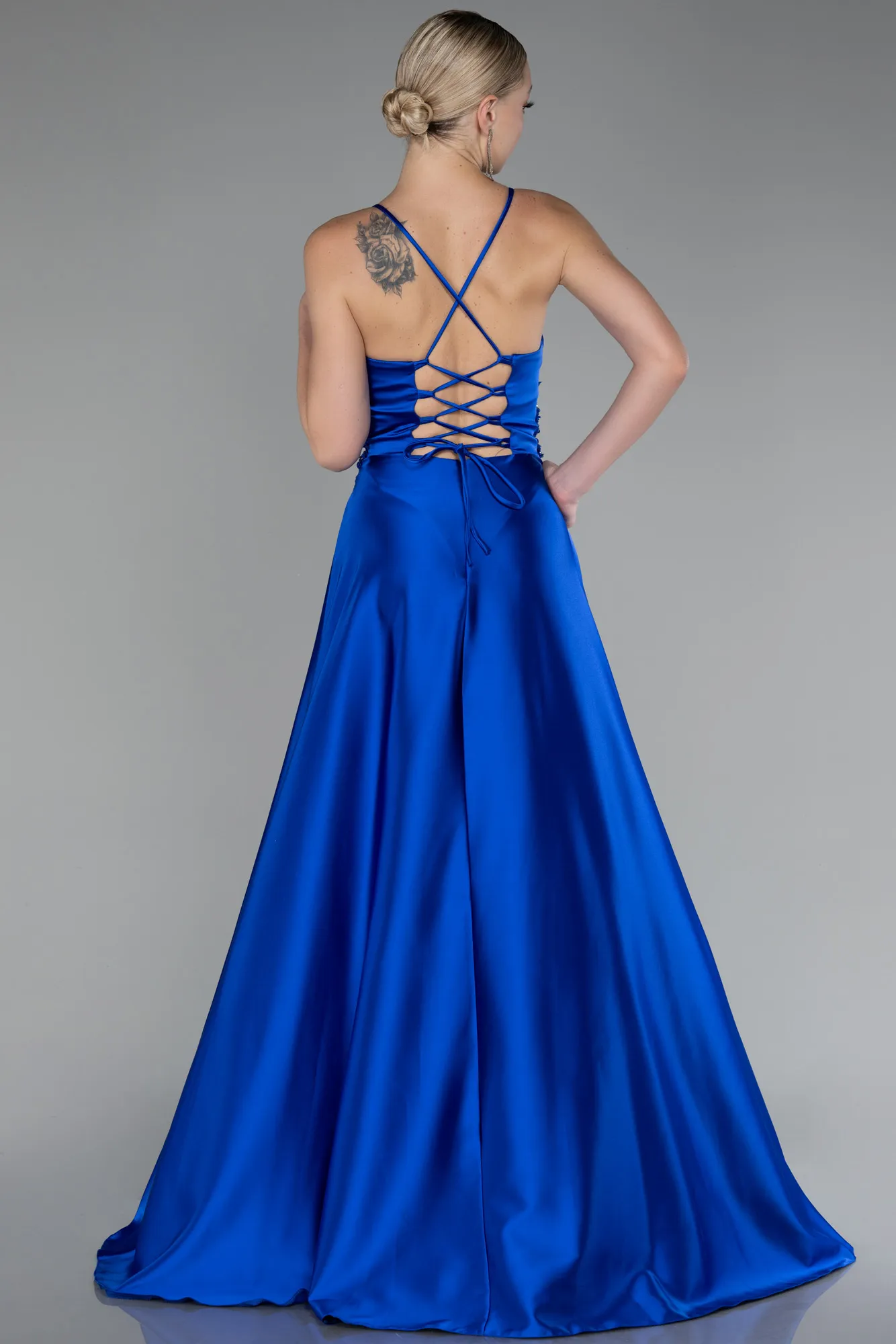 Sax Blue-Srappy Long Satin Prom Gown ABU4133