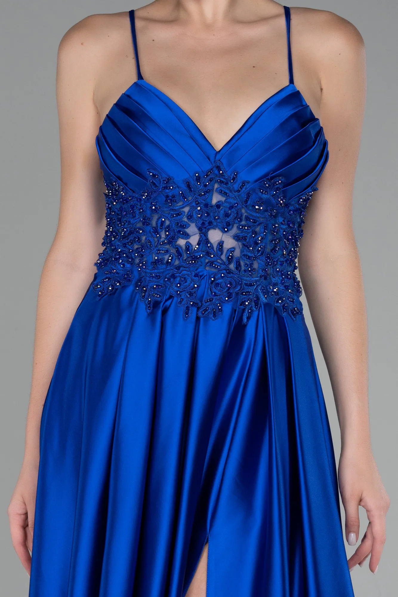 Sax Blue-Srappy Long Satin Prom Gown ABU4133