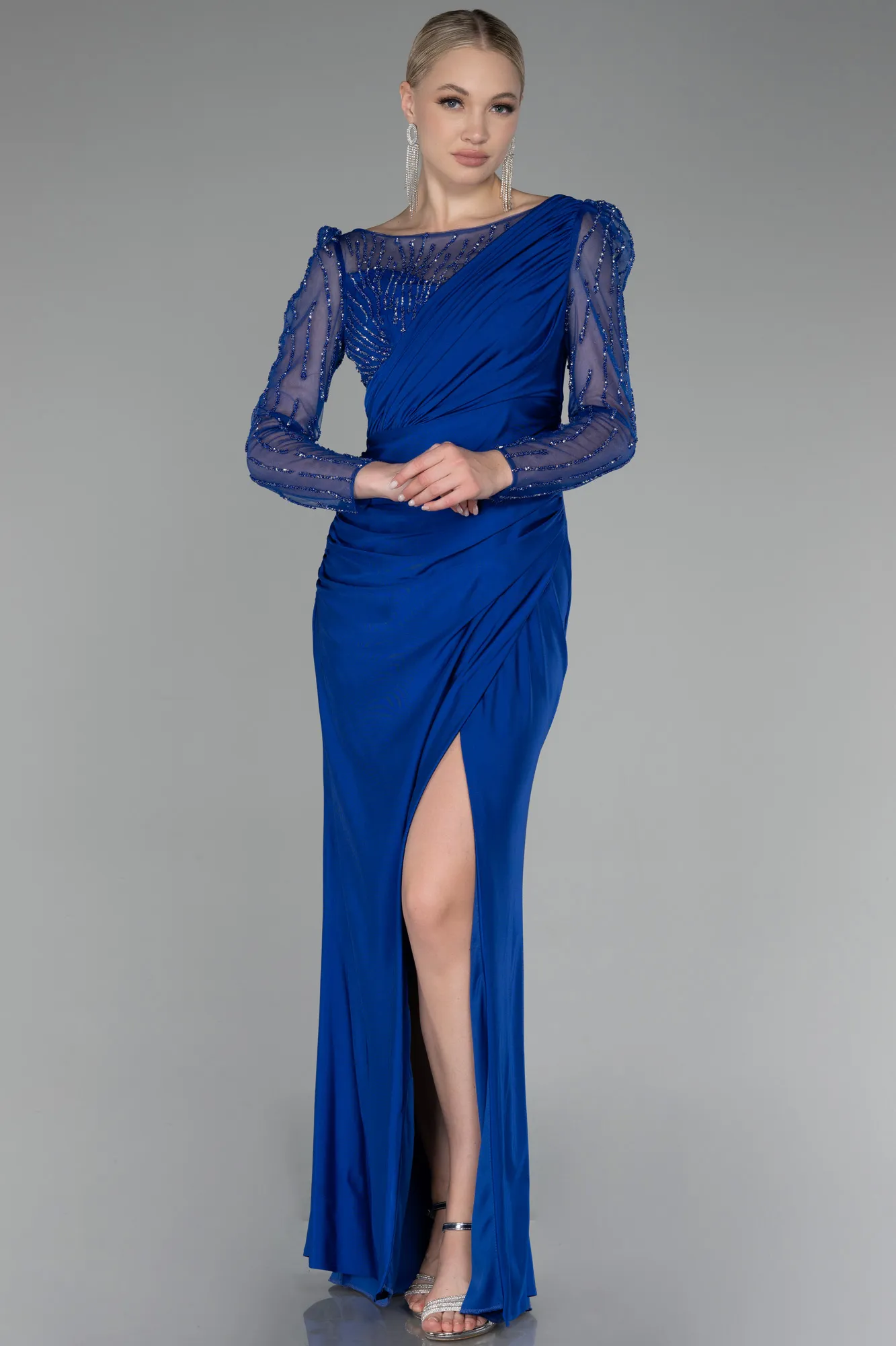 Sax Blue-Stoned Long Sleeve Slit Evening Gown ABU4117