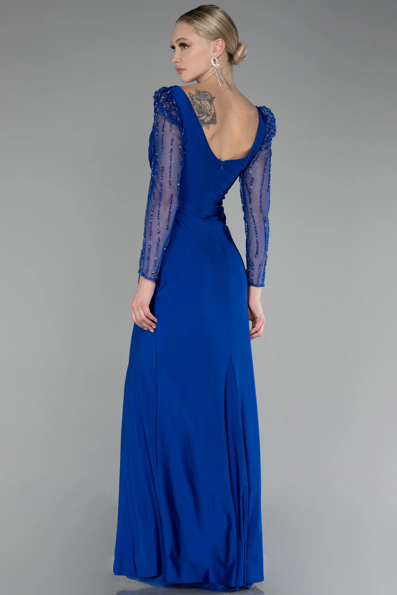 Sax Blue-Stoned Long Sleeve Slit Evening Gown ABU4117