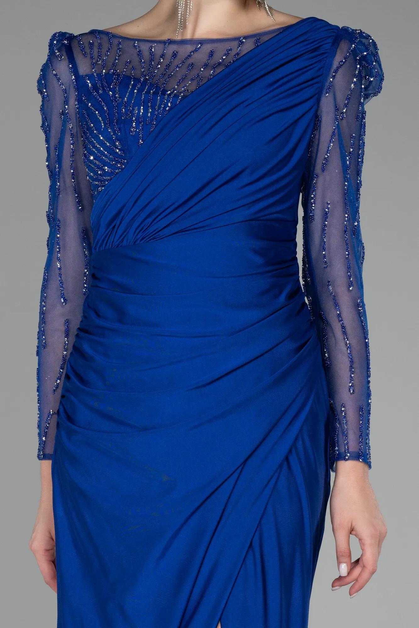 Sax Blue-Stoned Long Sleeve Slit Evening Gown ABU4117