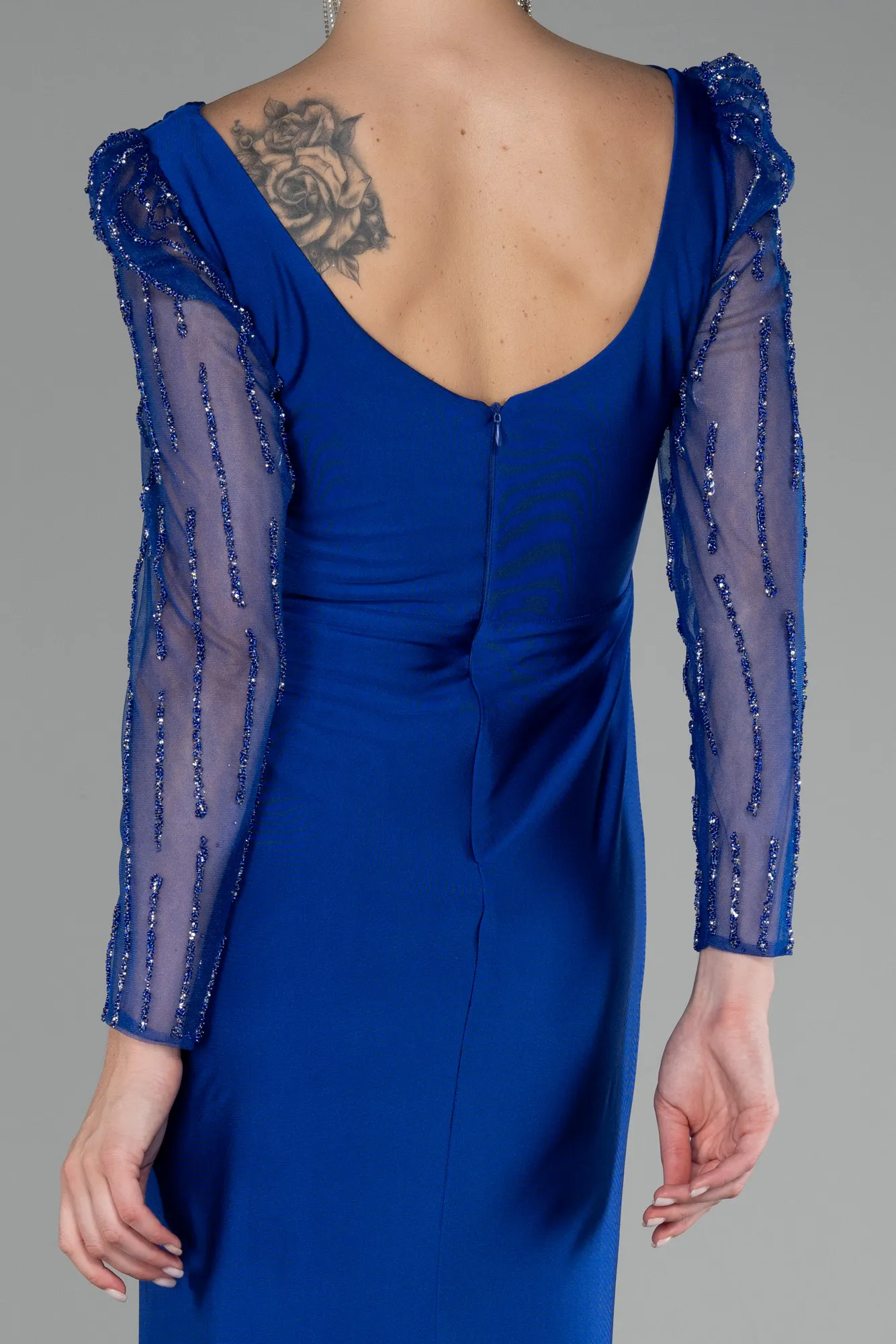 Sax Blue-Stoned Long Sleeve Slit Evening Gown ABU4117