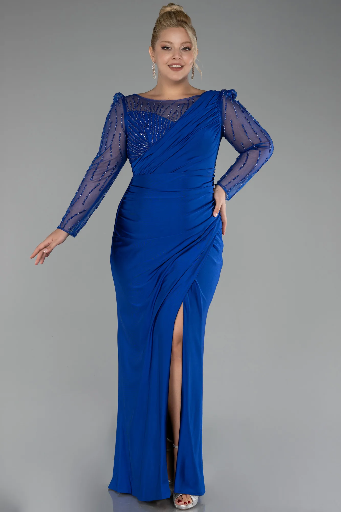 Sax Blue-Stoned Long Sleeve Slit Plus Size Evening Gown ABU4119