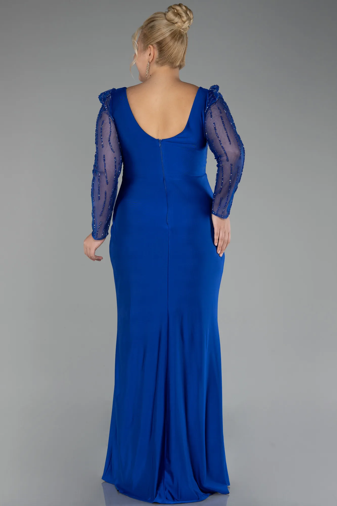 Sax Blue-Stoned Long Sleeve Slit Plus Size Evening Gown ABU4119