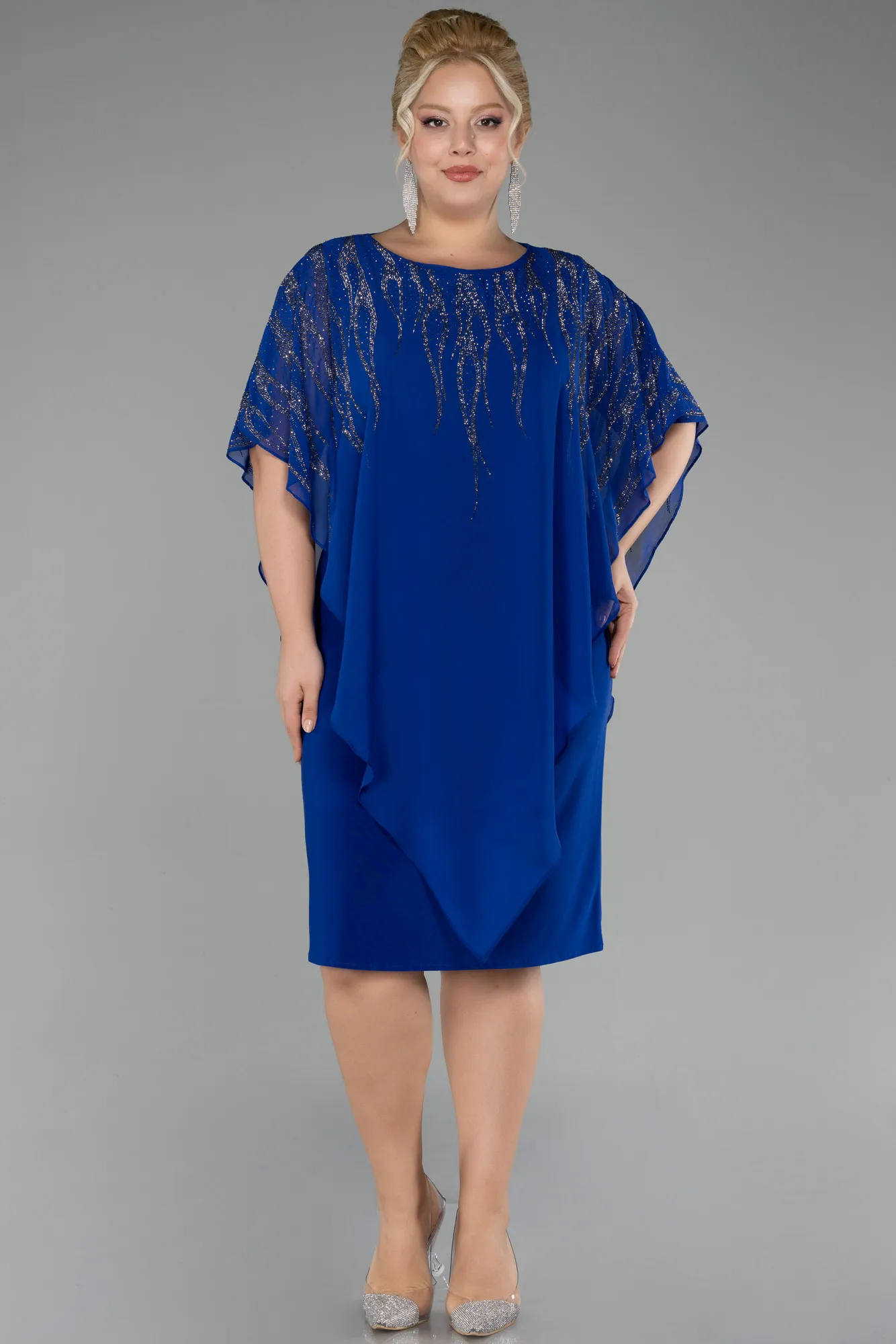 Sax Blue-Stoned Short Sleeve Chiffon Midi Plus Size Evening Dress ABK2133