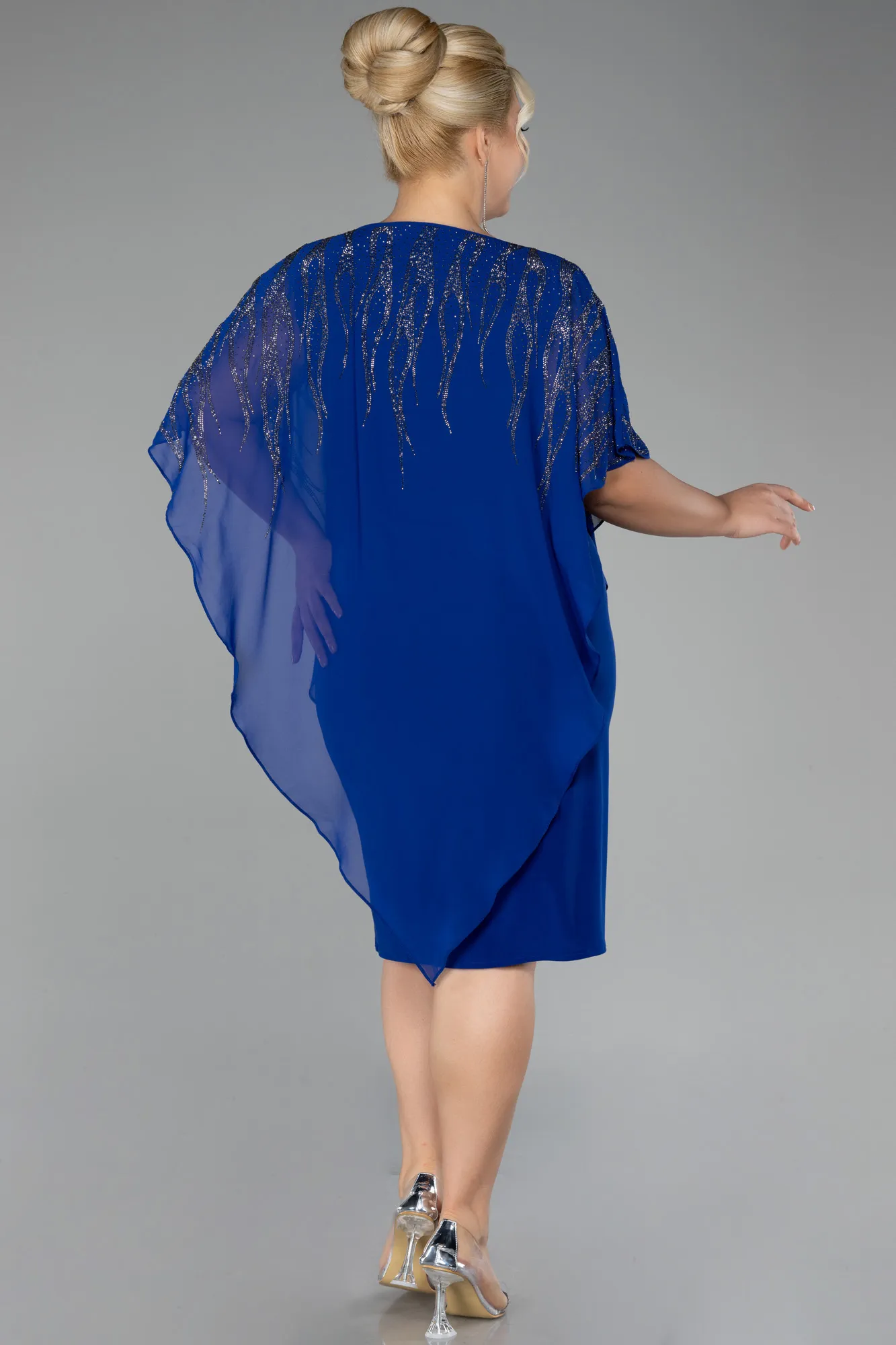 Sax Blue-Stoned Short Sleeve Chiffon Midi Plus Size Evening Dress ABK2133