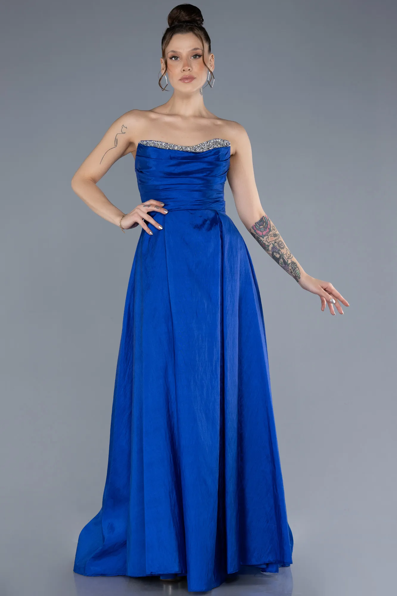 Sax Blue-Stoned Strapless Long Taffeta Evening Gown ABU4579