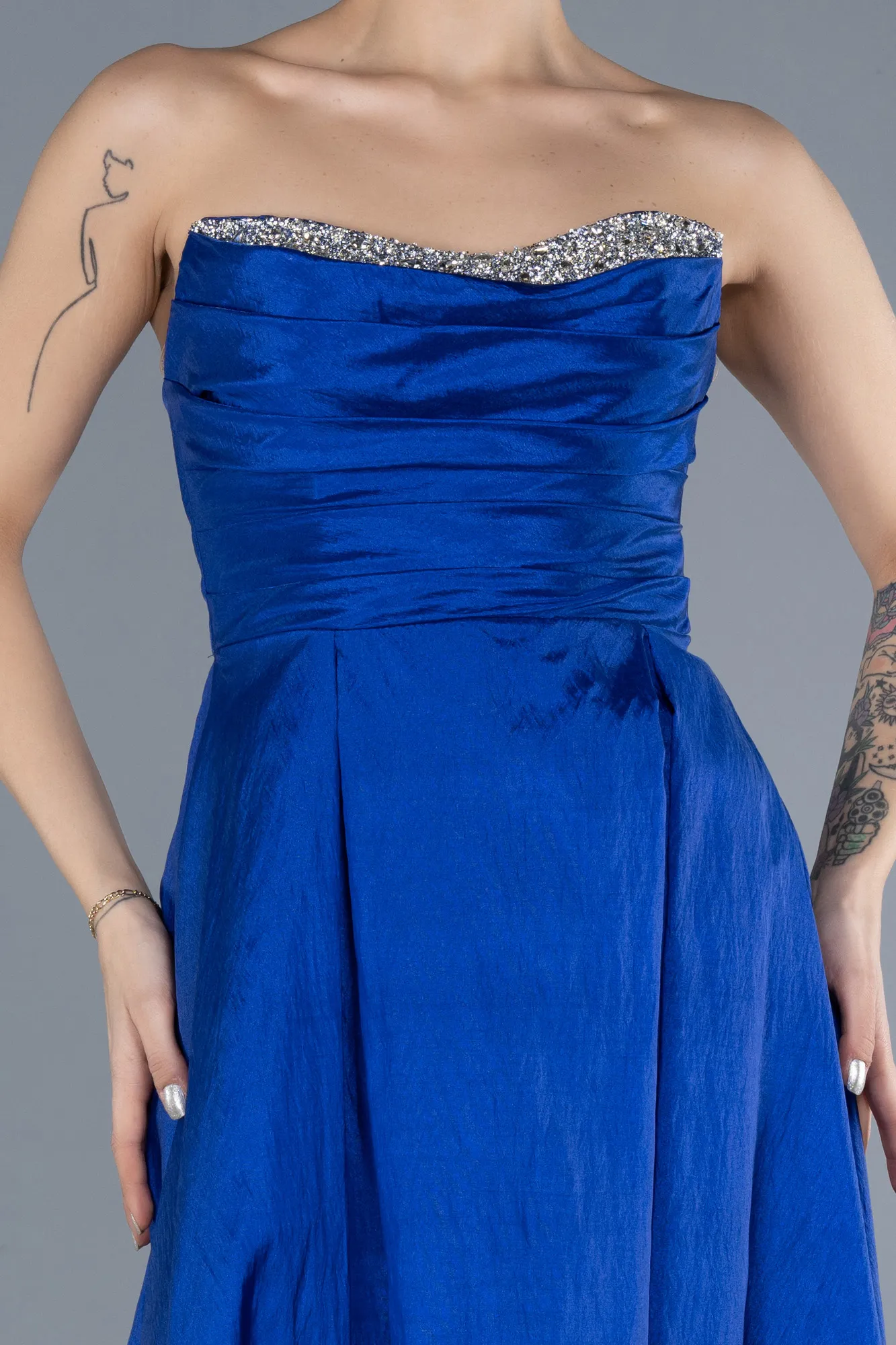 Sax Blue-Stoned Strapless Long Taffeta Evening Gown ABU4579