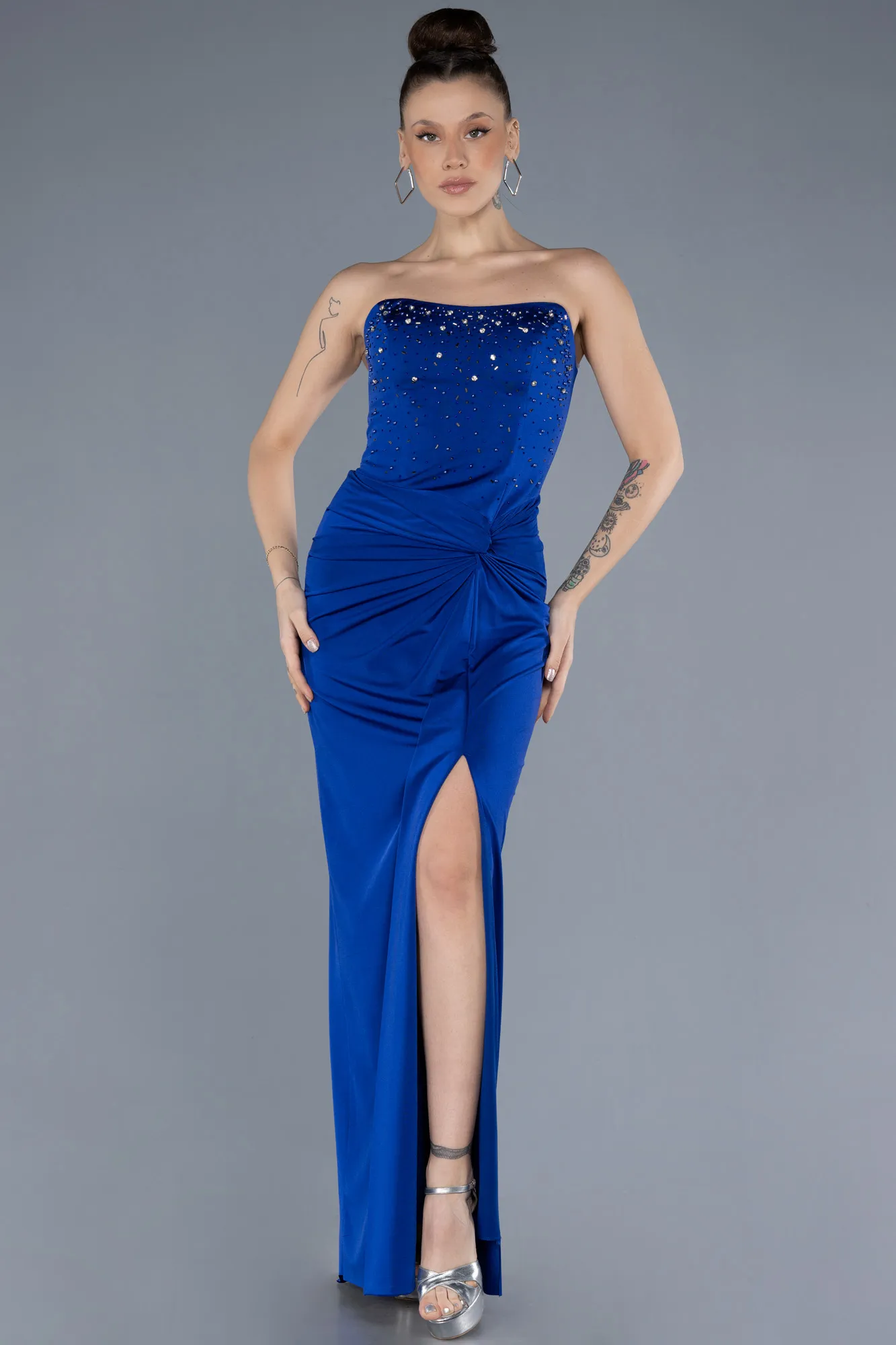 Sax Blue-Stoned Strapless Slit Long Prom Gown ABU4602