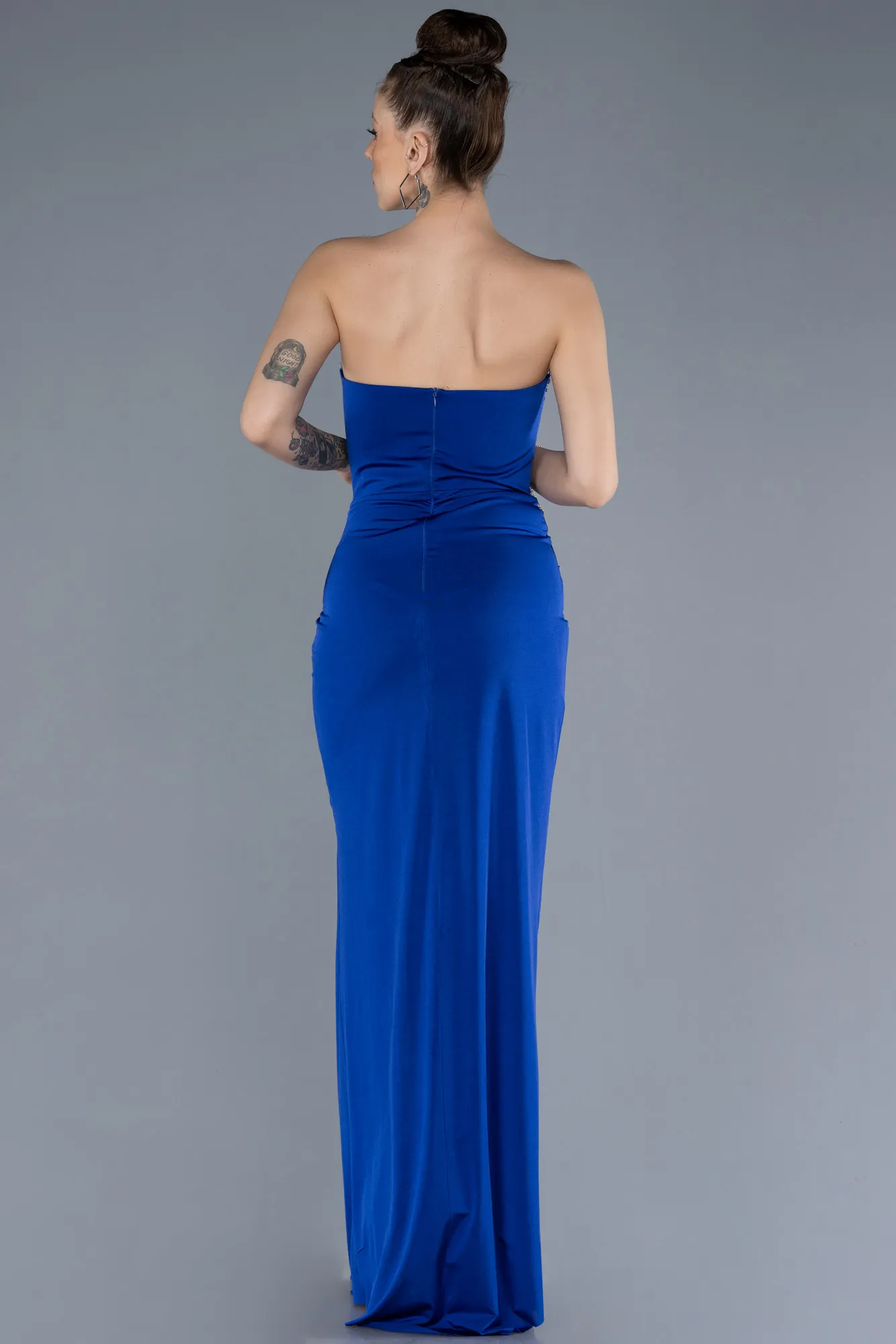 Sax Blue-Stoned Strapless Slit Long Prom Gown ABU4602