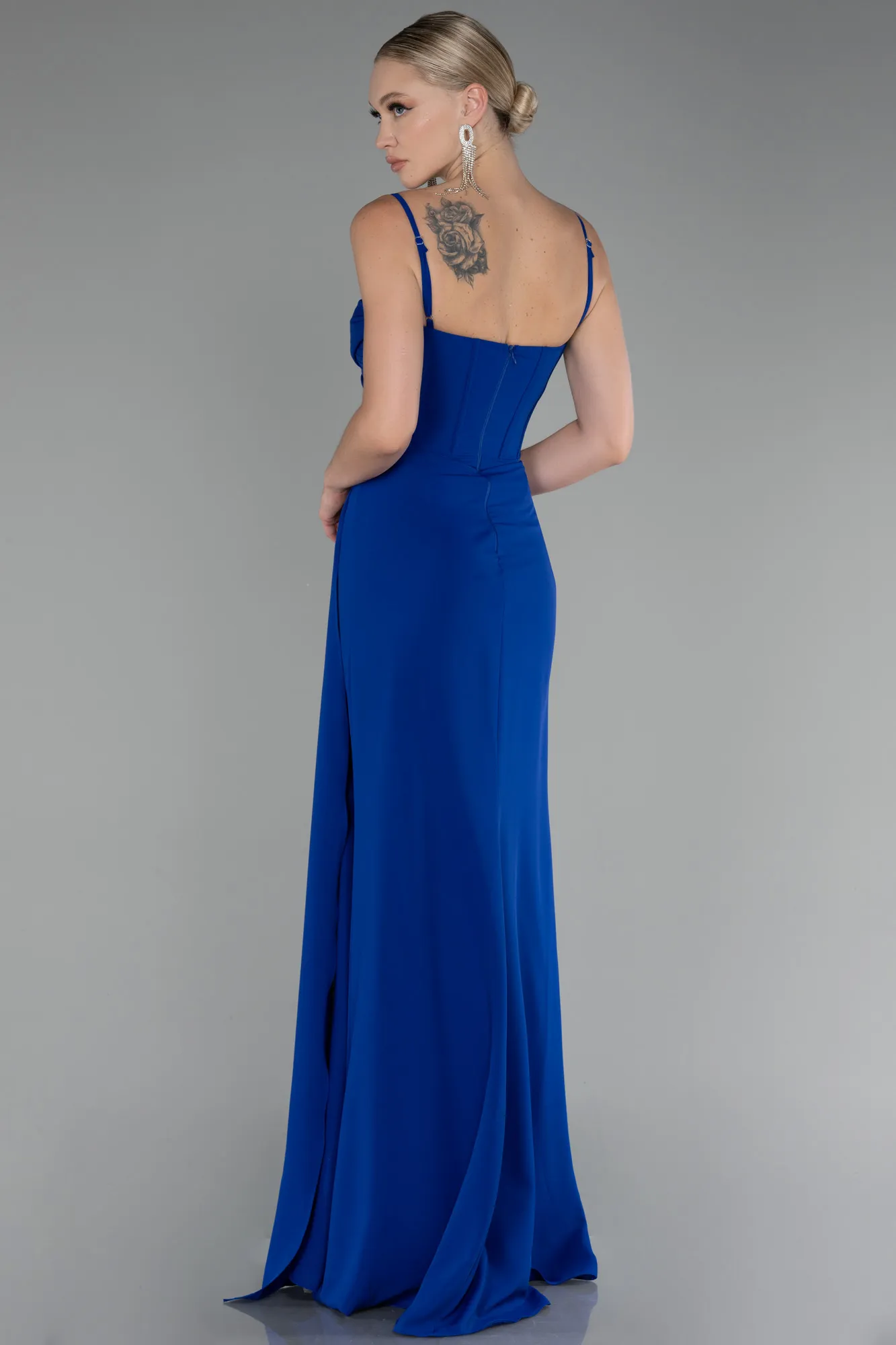 Sax Blue-Strap Slit Long Chiffon Evening Dress ABU4118