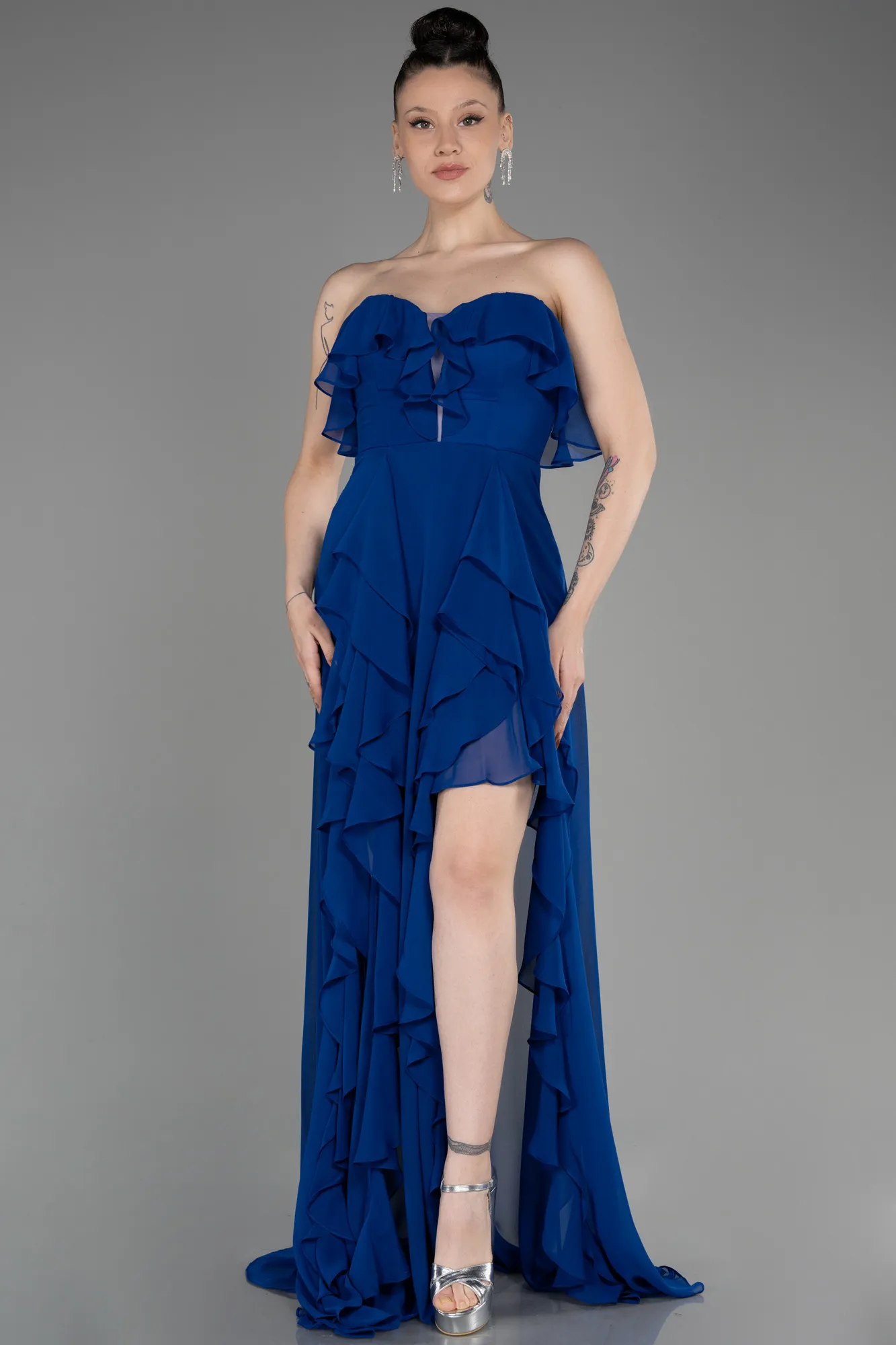 Sax Blue-Strapless Long Chiffon Prom Dress ABU3838