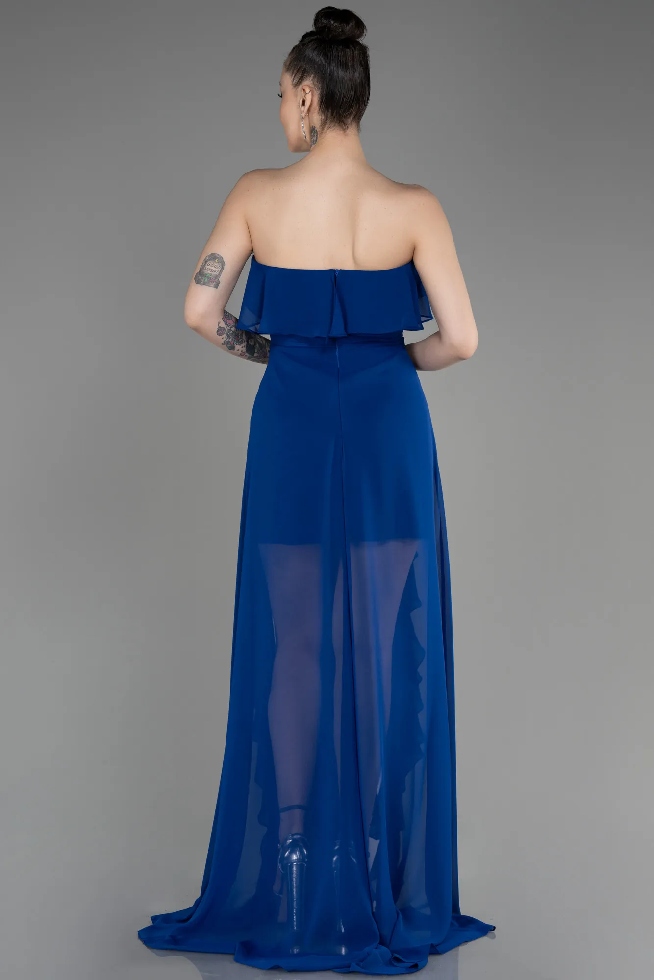 Sax Blue-Strapless Long Chiffon Prom Dress ABU3838