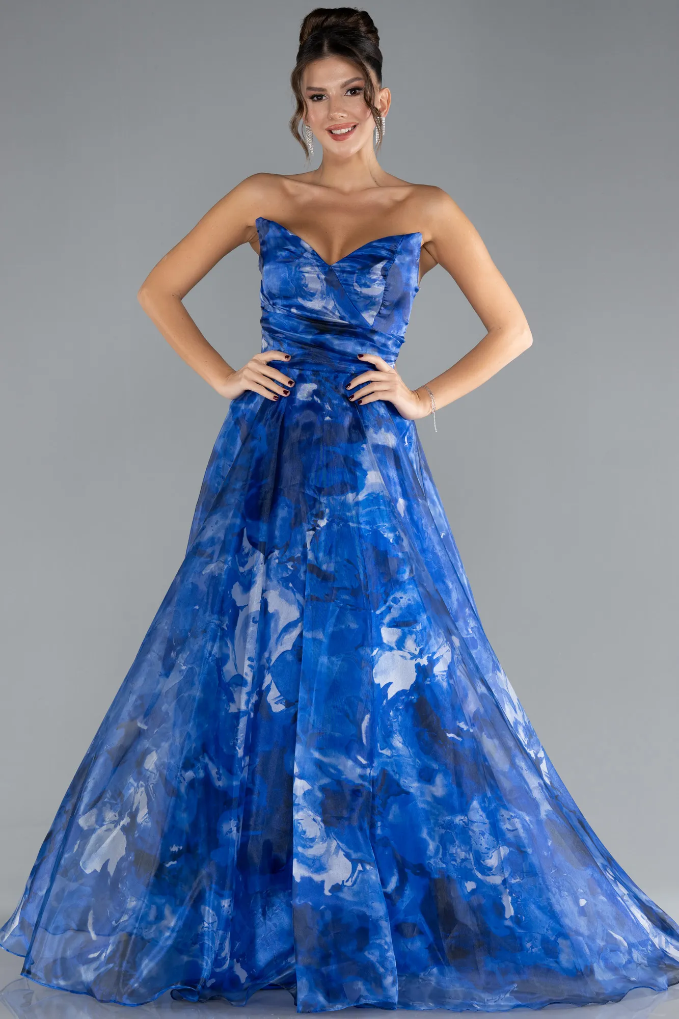 Sax Blue-Strapless Long Patterned Prom Gown ABU4585