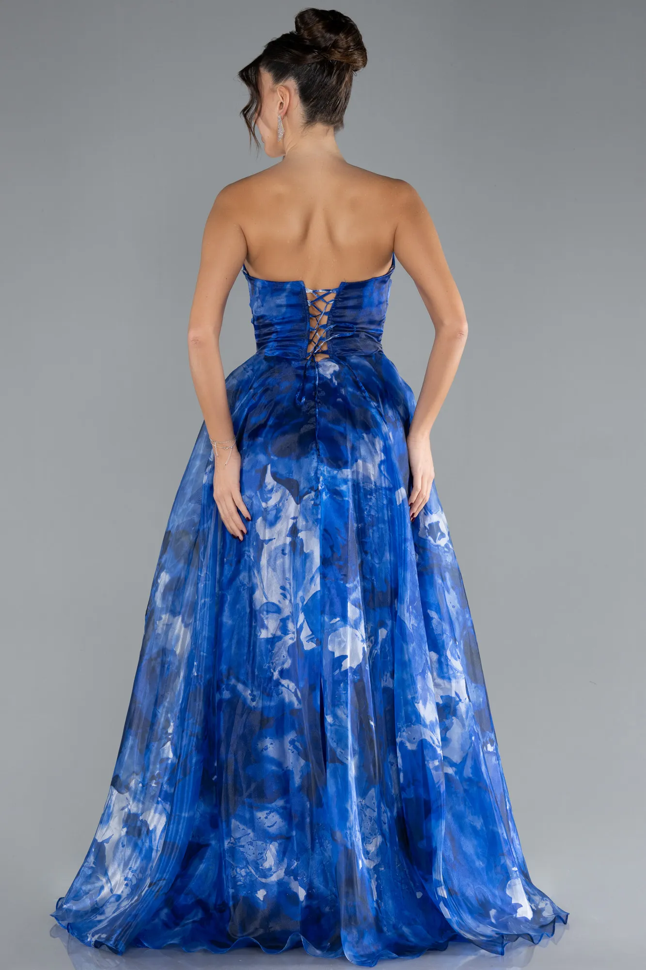 Sax Blue-Strapless Long Patterned Prom Gown ABU4585