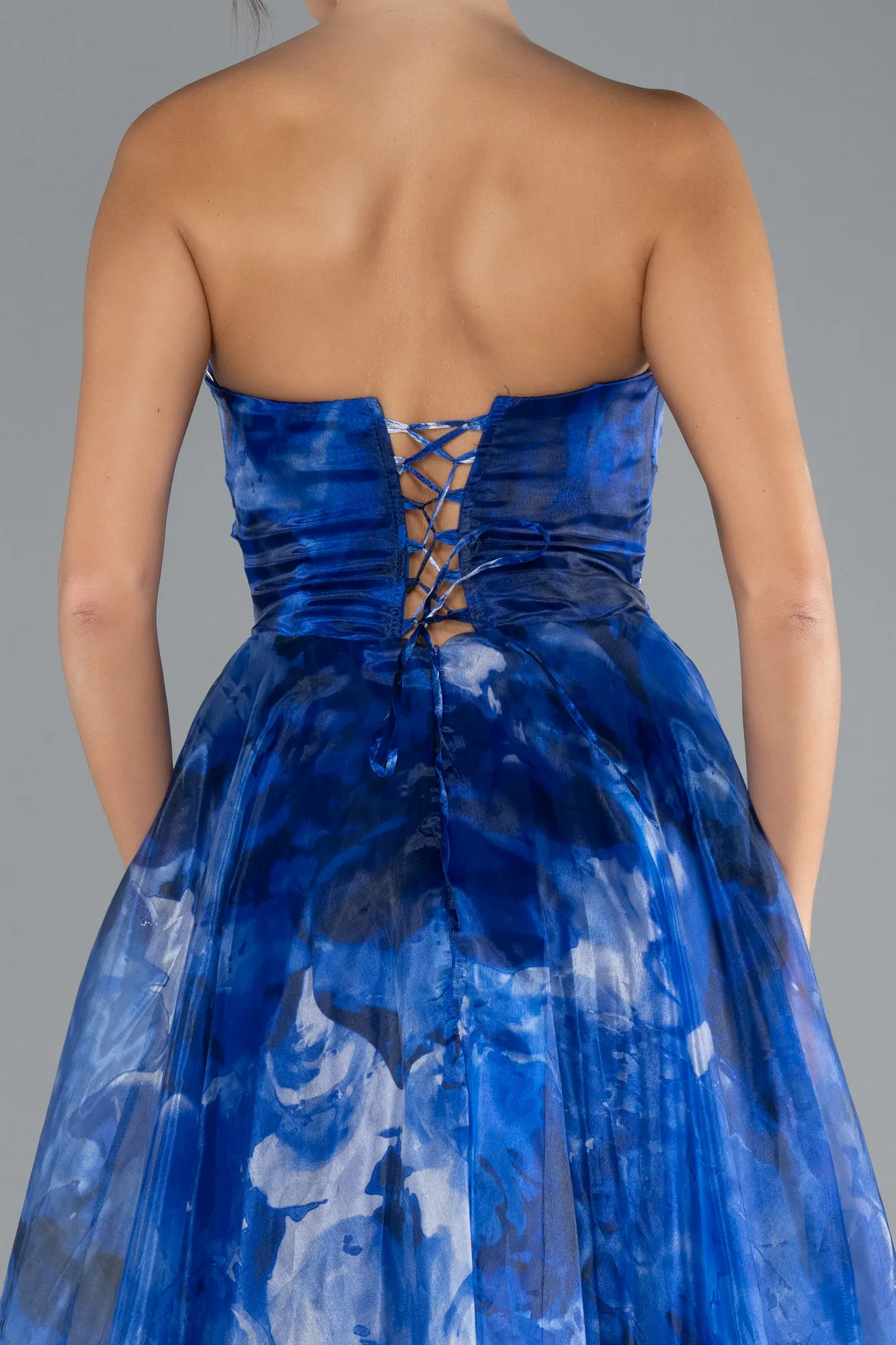 Sax Blue-Strapless Long Patterned Prom Gown ABU4585