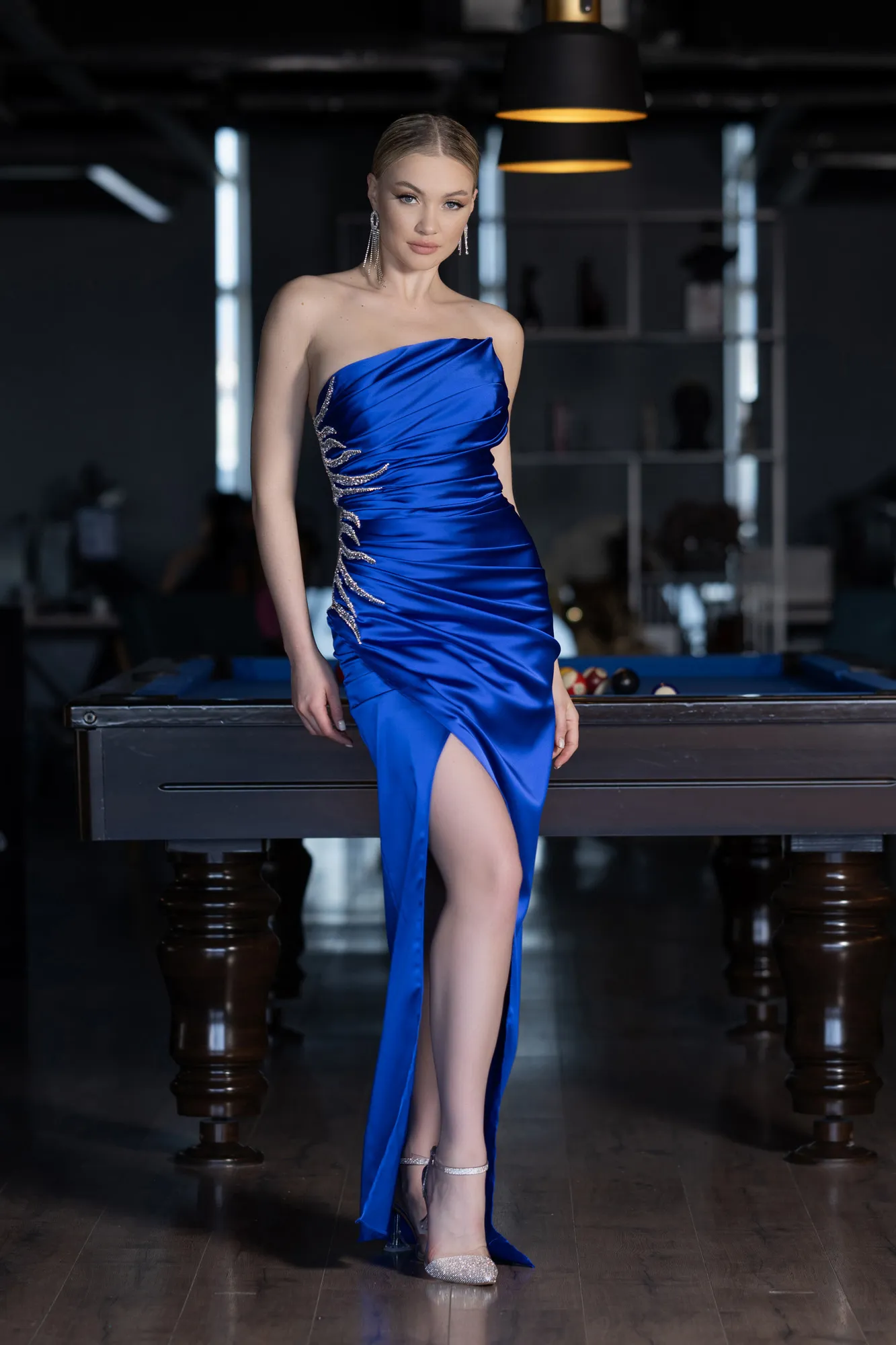 Sax Blue-Strapless Long Satin Evening Dress ABU3825