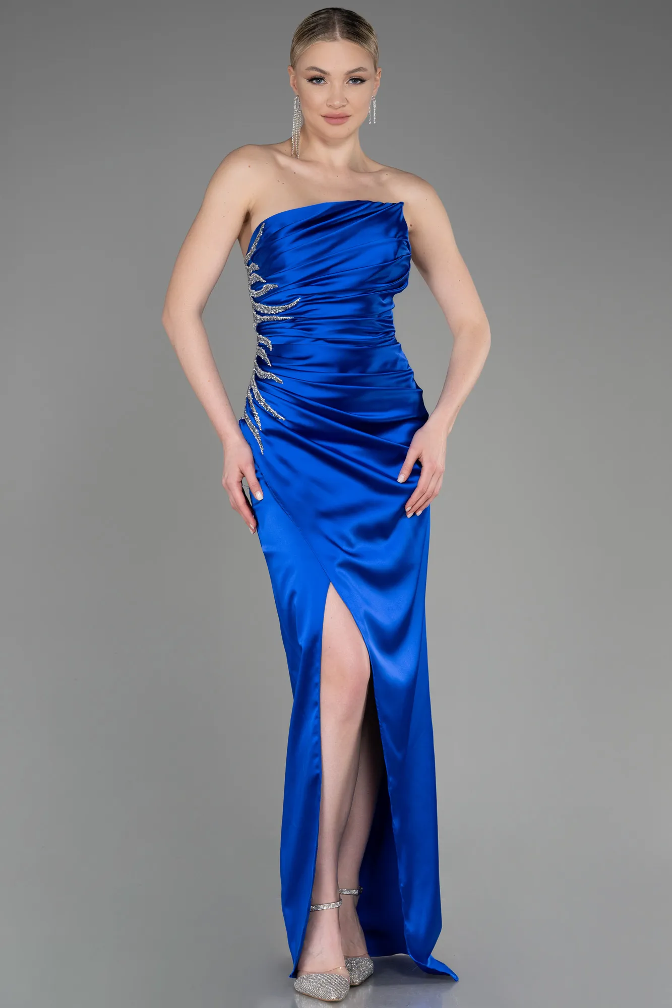 Sax Blue-Strapless Long Satin Evening Dress ABU3825