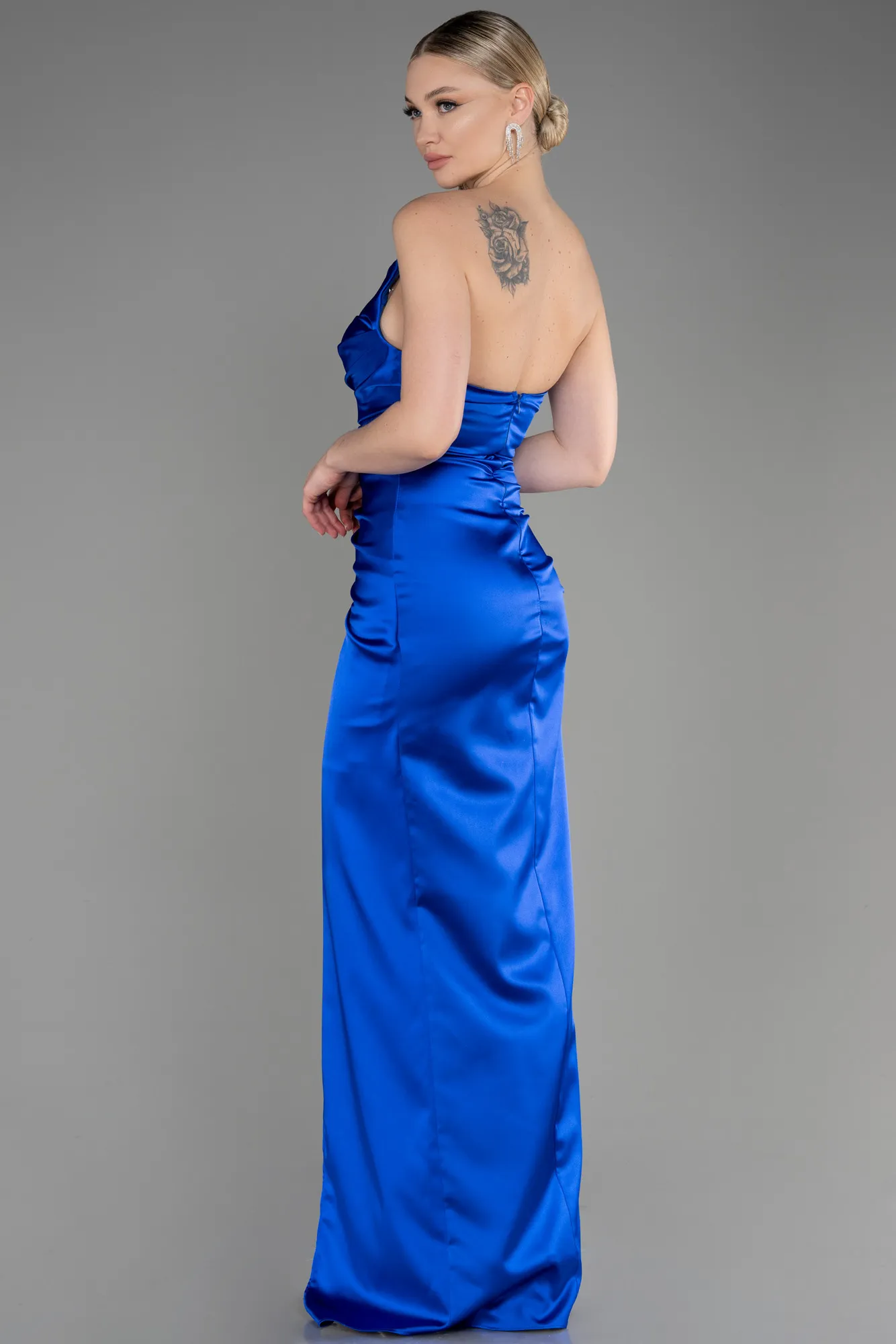 Sax Blue-Strapless Long Satin Evening Dress ABU3825