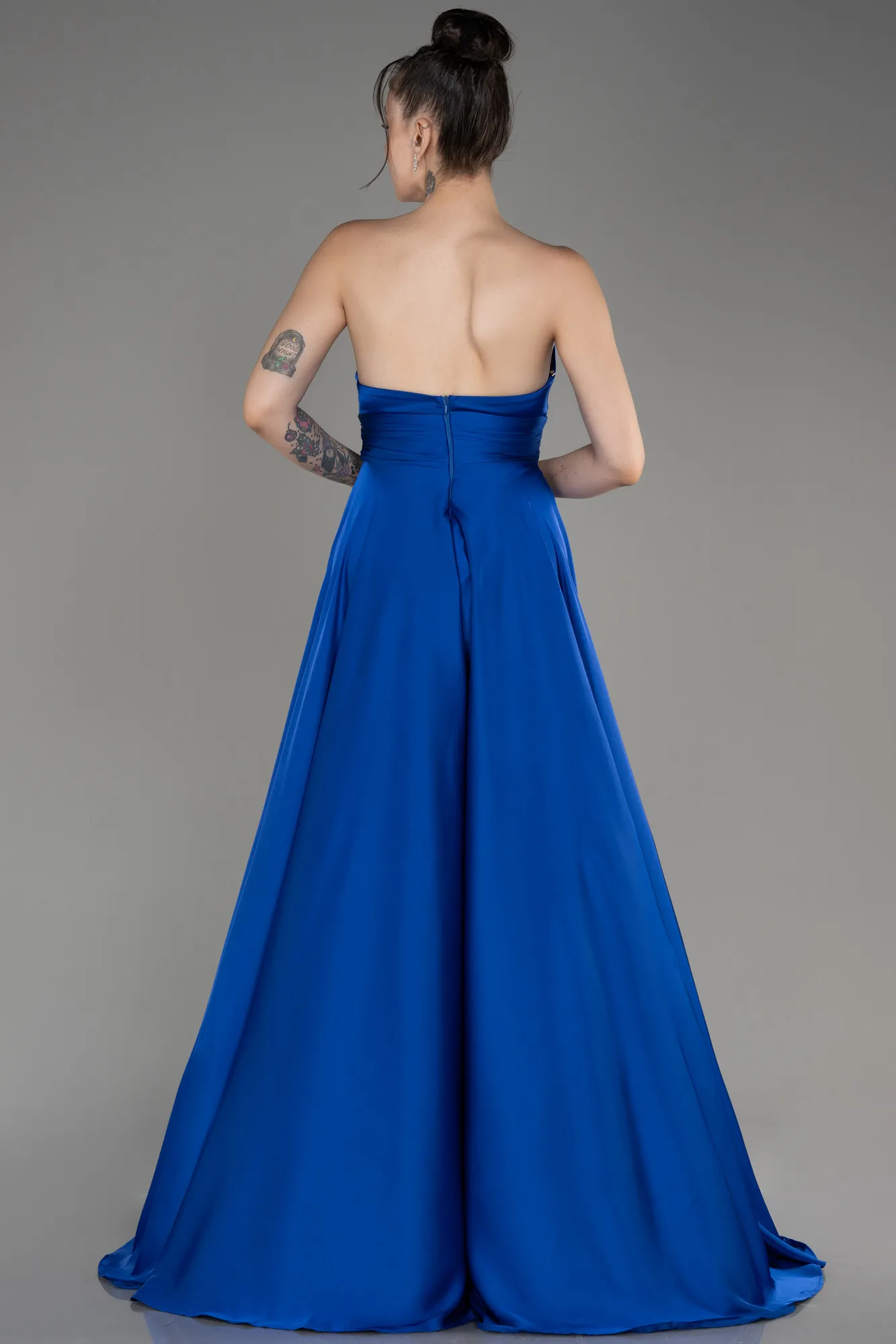 Sax Blue-Strapless Long Satin Prom Dress ABU3965