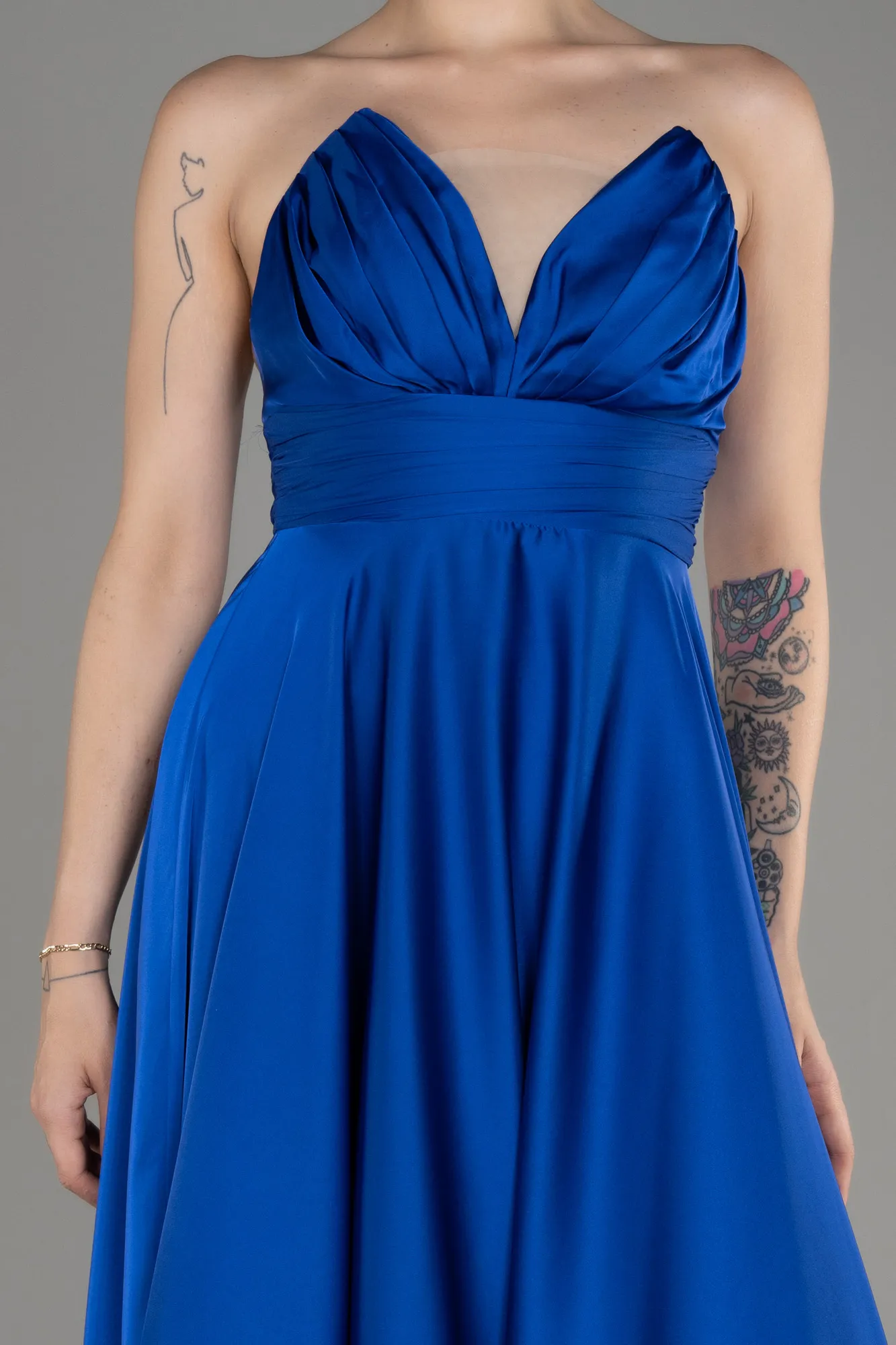 Sax Blue-Strapless Long Satin Prom Dress ABU3965