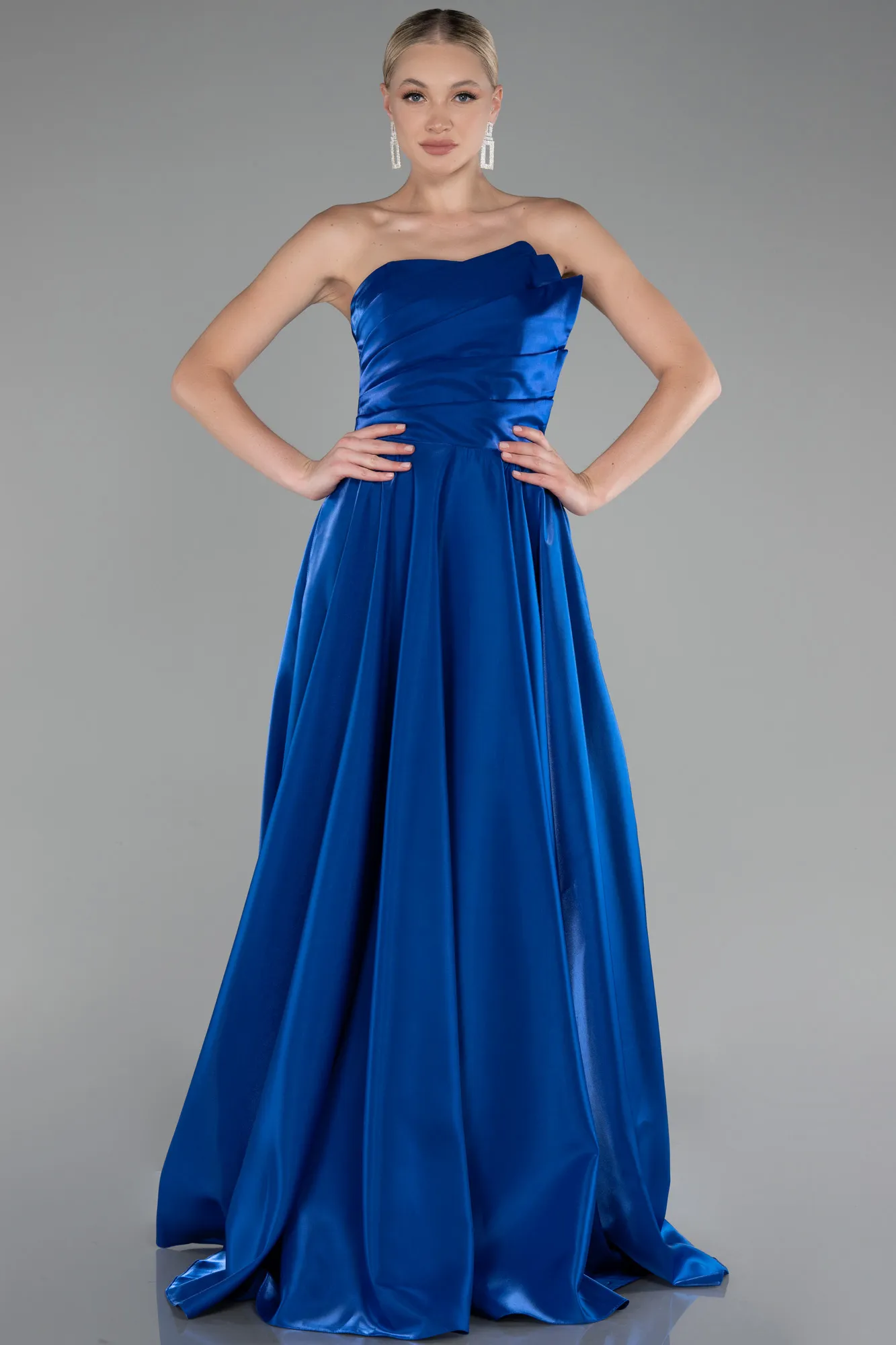 Sax Blue-Strapless Long Satin Prom Gown ABU4186