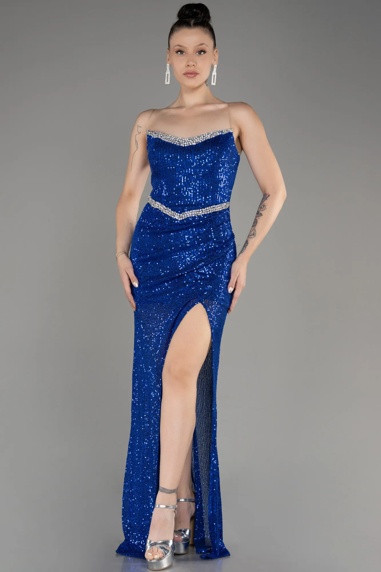 Sax Blue-Strapless Sequined Long Mermaid Evening Dress ABU3849