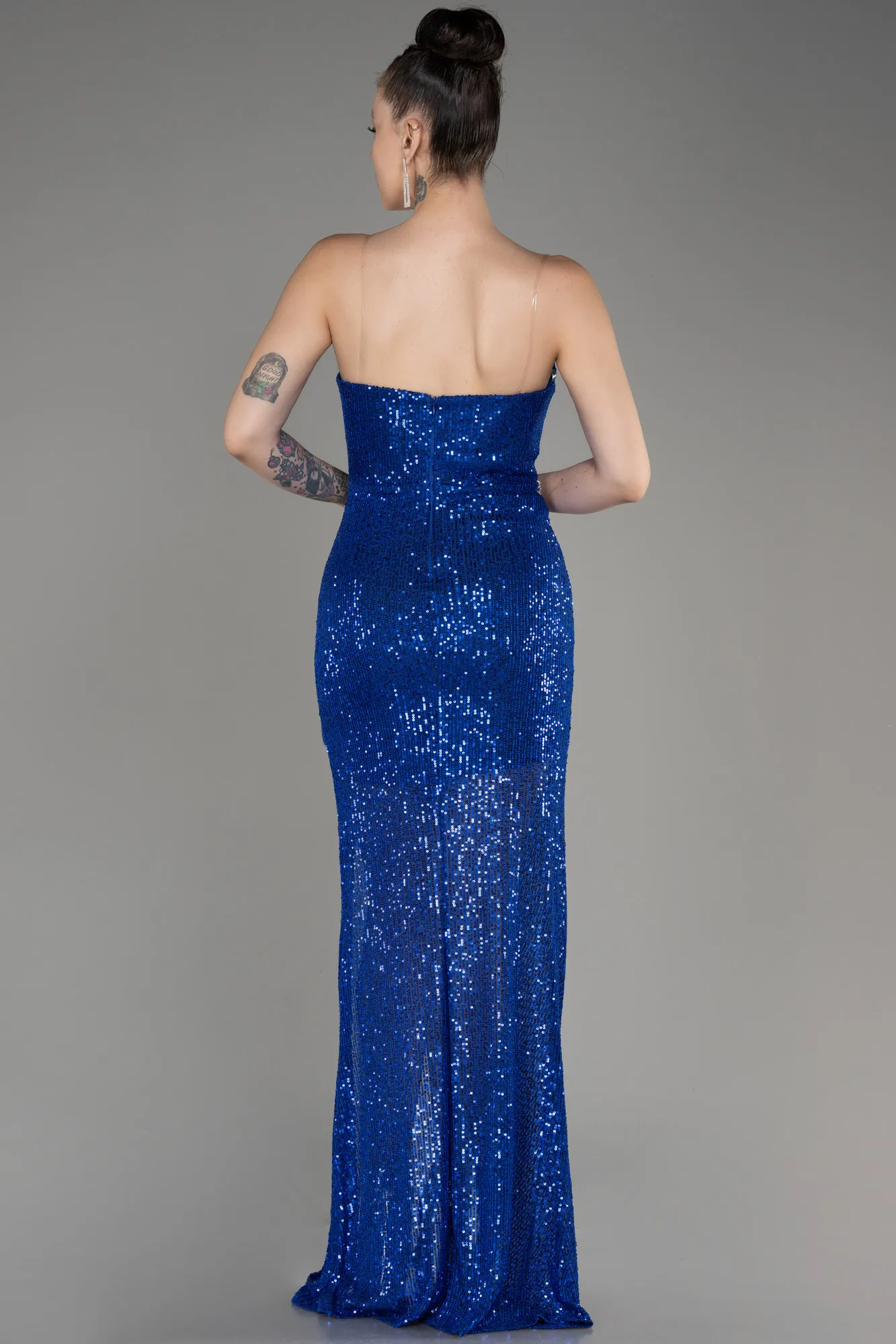 Sax Blue-Strapless Sequined Long Mermaid Evening Dress ABU3849