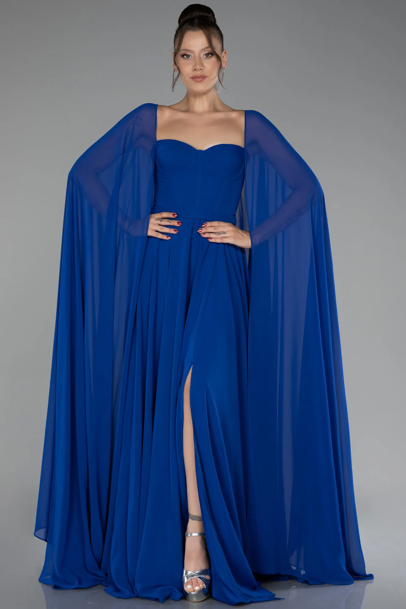 Sax Blue-Strapless Shawl Sleeve Long Chiffon Evening Dress ABU4158