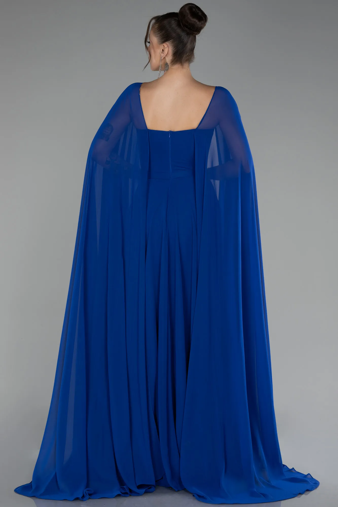 Sax Blue-Strapless Shawl Sleeve Long Chiffon Evening Dress ABU4158