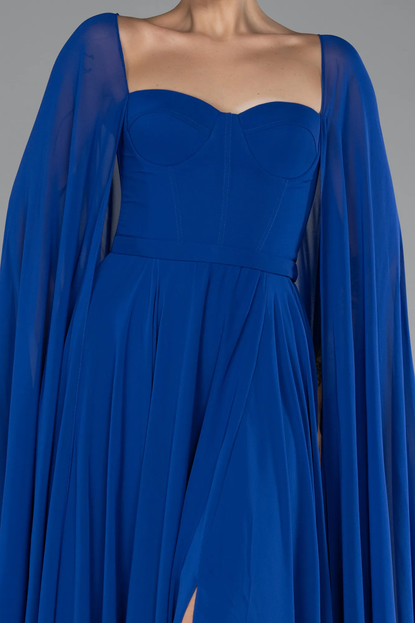 Sax Blue-Strapless Shawl Sleeve Long Chiffon Evening Dress ABU4158