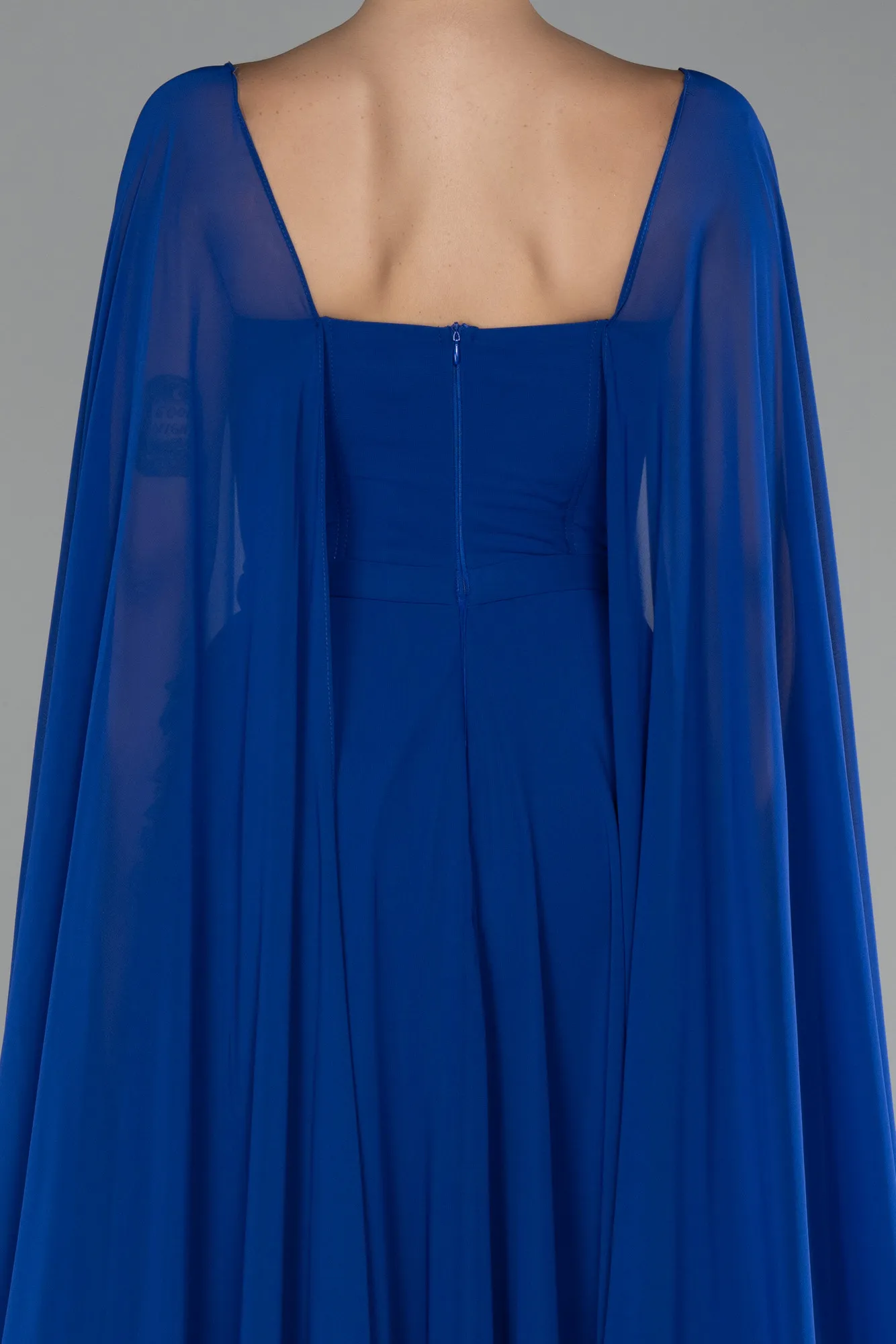 Sax Blue-Strapless Shawl Sleeve Long Chiffon Evening Dress ABU4158