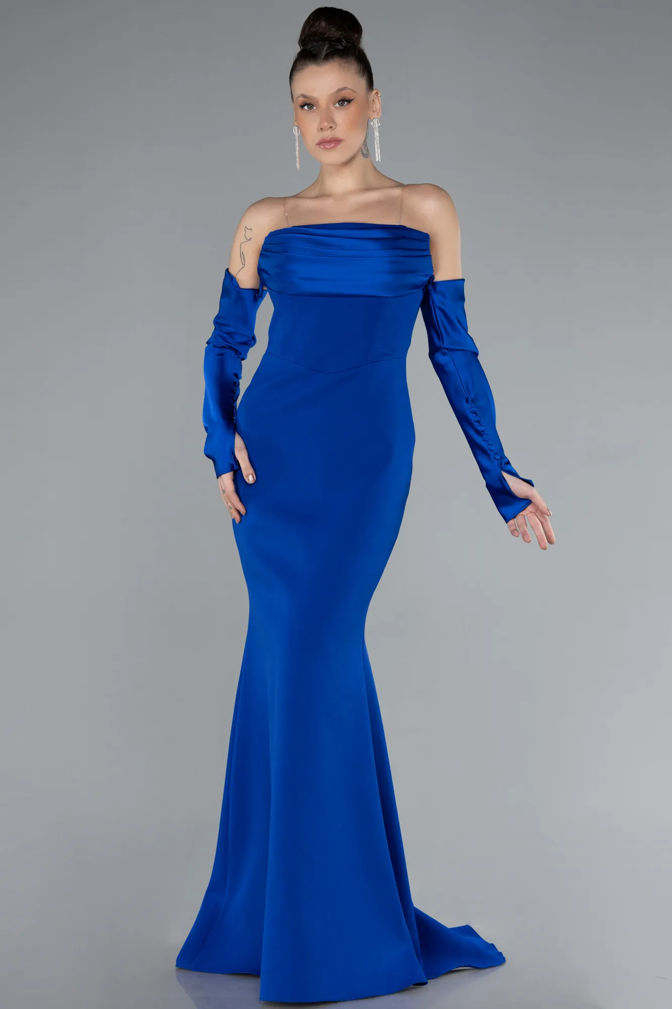 Sax Blue-Strapless Sleeve Accessories Long Mermaid Prom Dress ABU4398