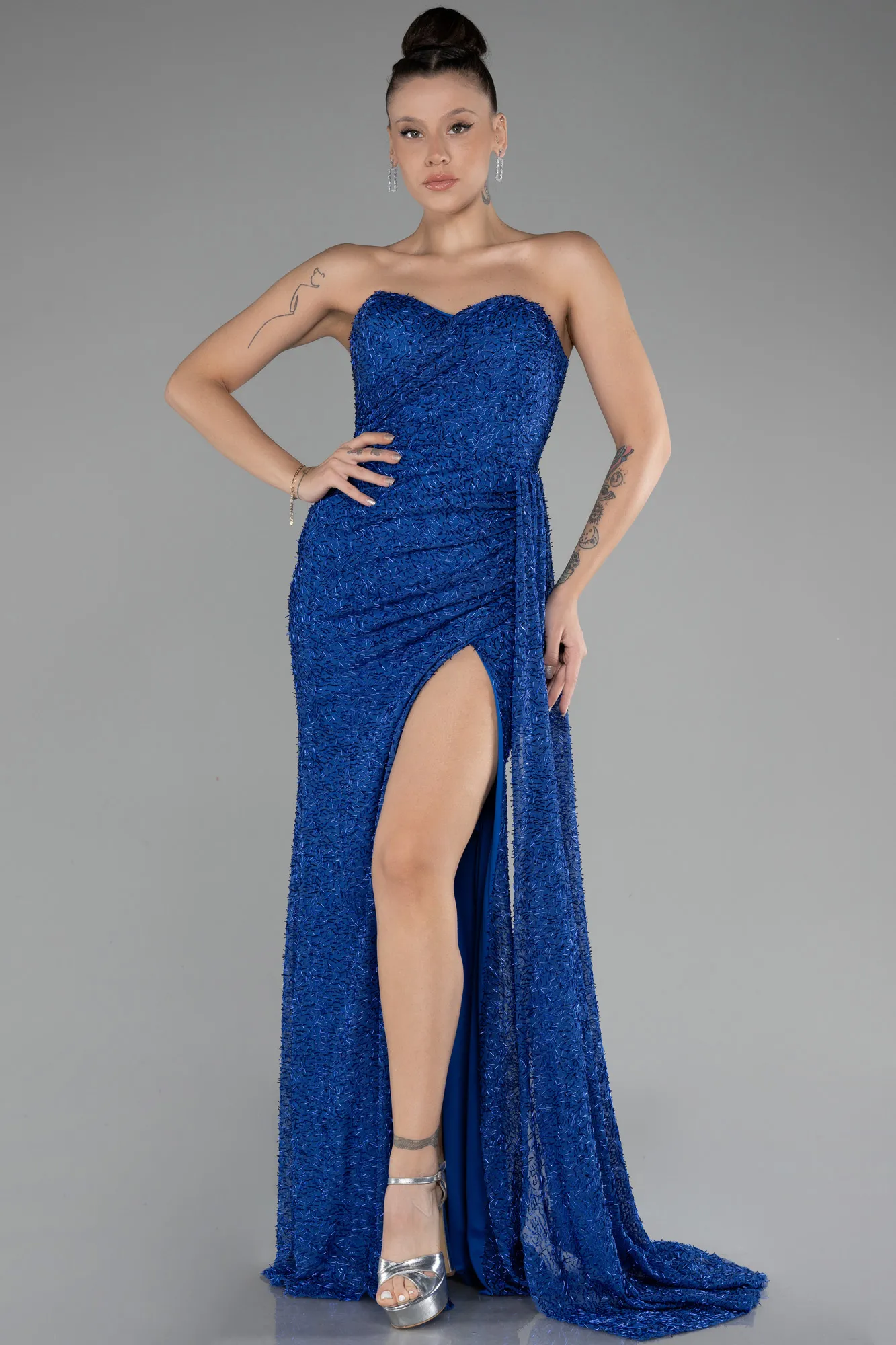 Sax Blue-Strapless Slit Beaded Long Evening Gown ABU4114