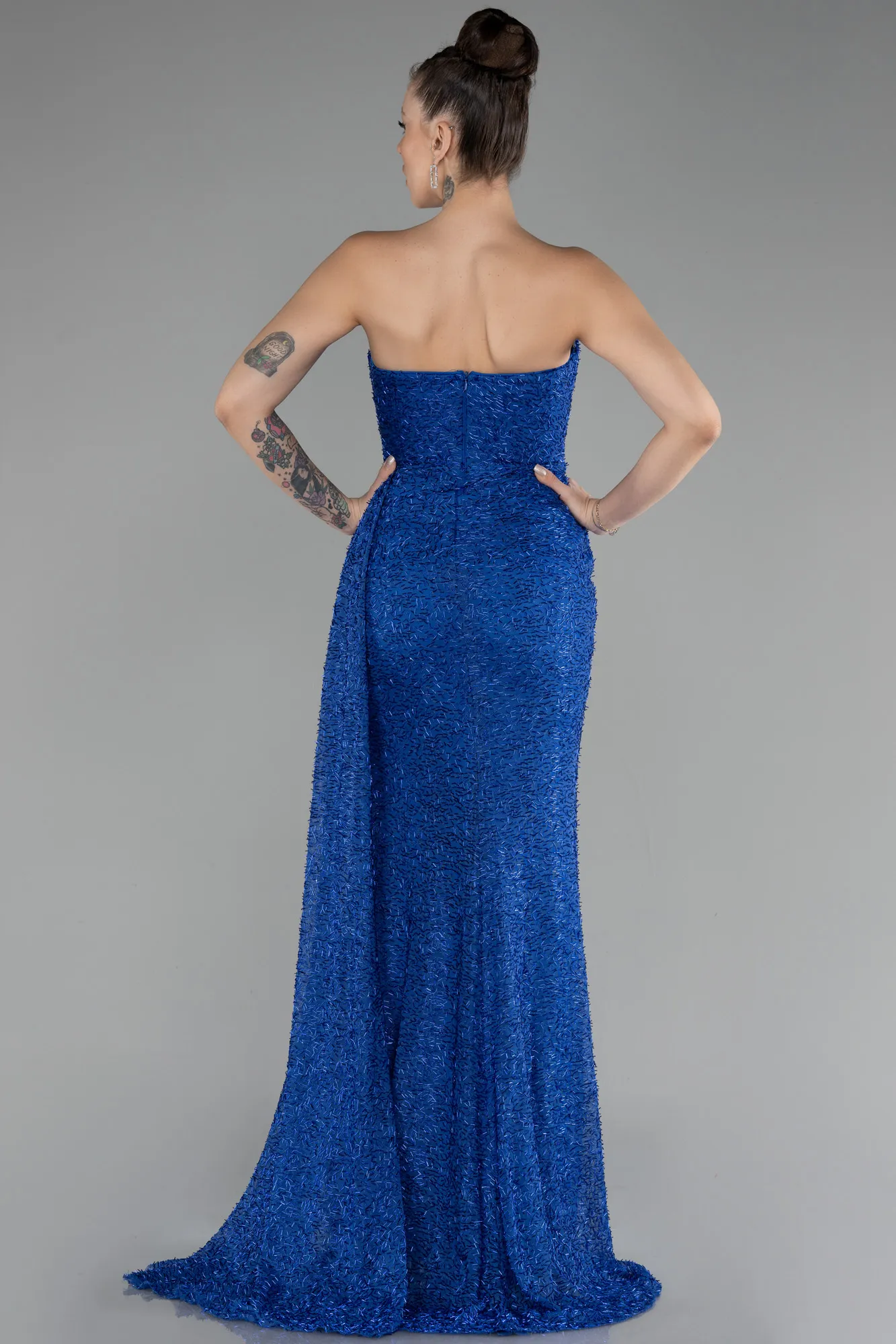 Sax Blue-Strapless Slit Beaded Long Evening Gown ABU4114