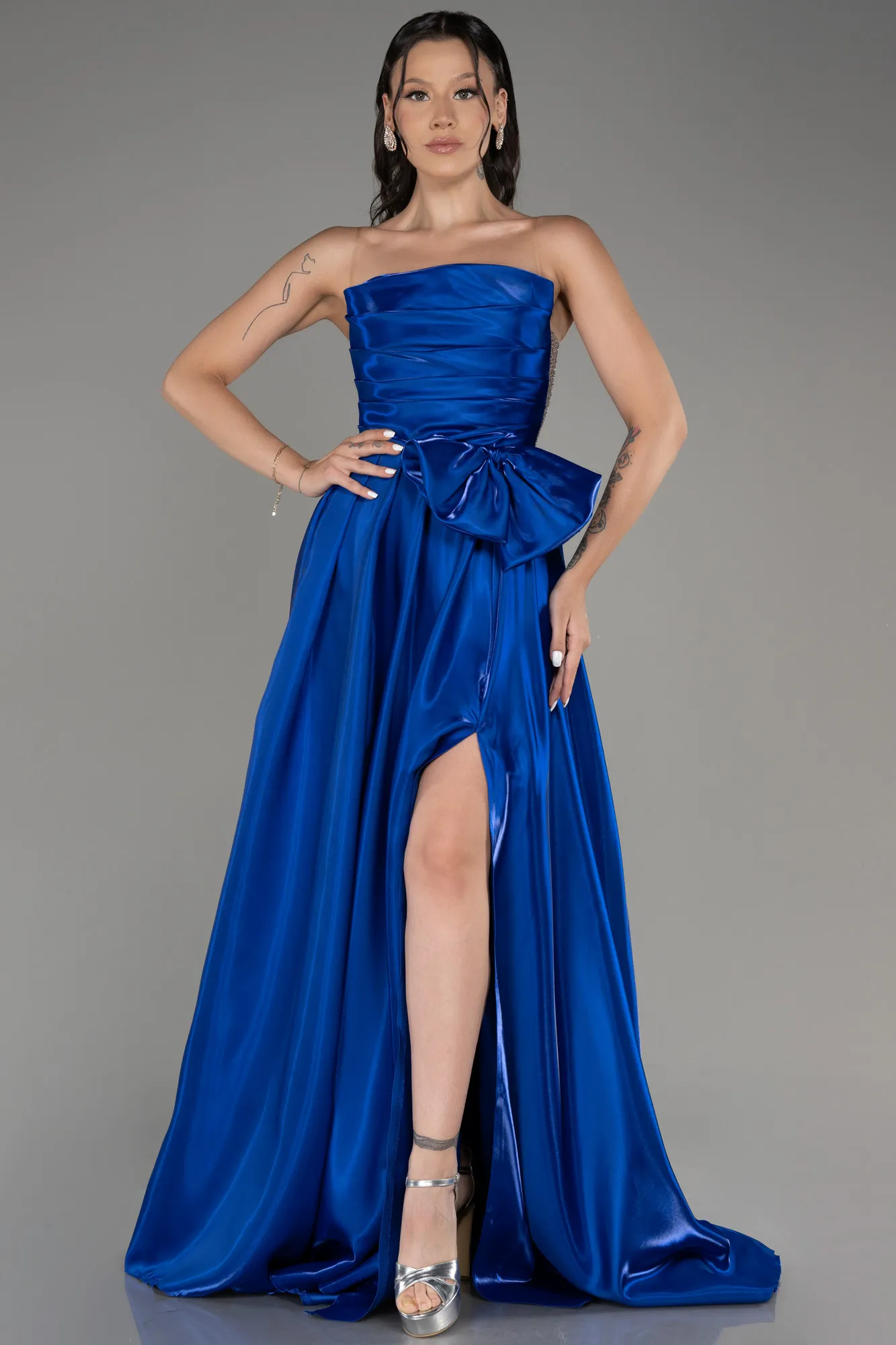 Sax Blue-Strapless Slit Long Ball Gown ABU4015