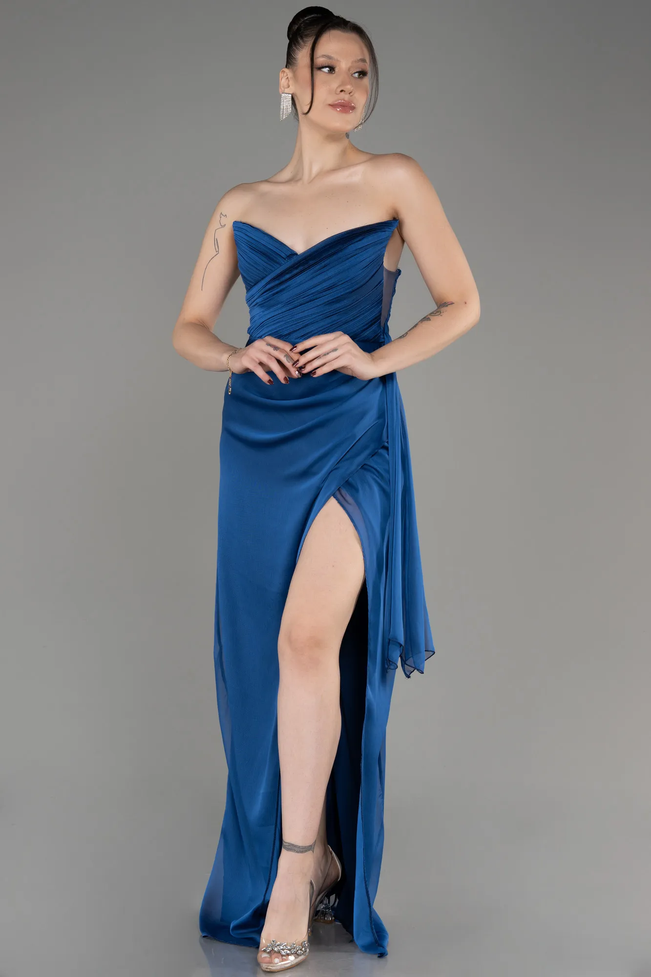 Sax Blue-Strapless Slit Long Chiffon Evening Dress ABU3947