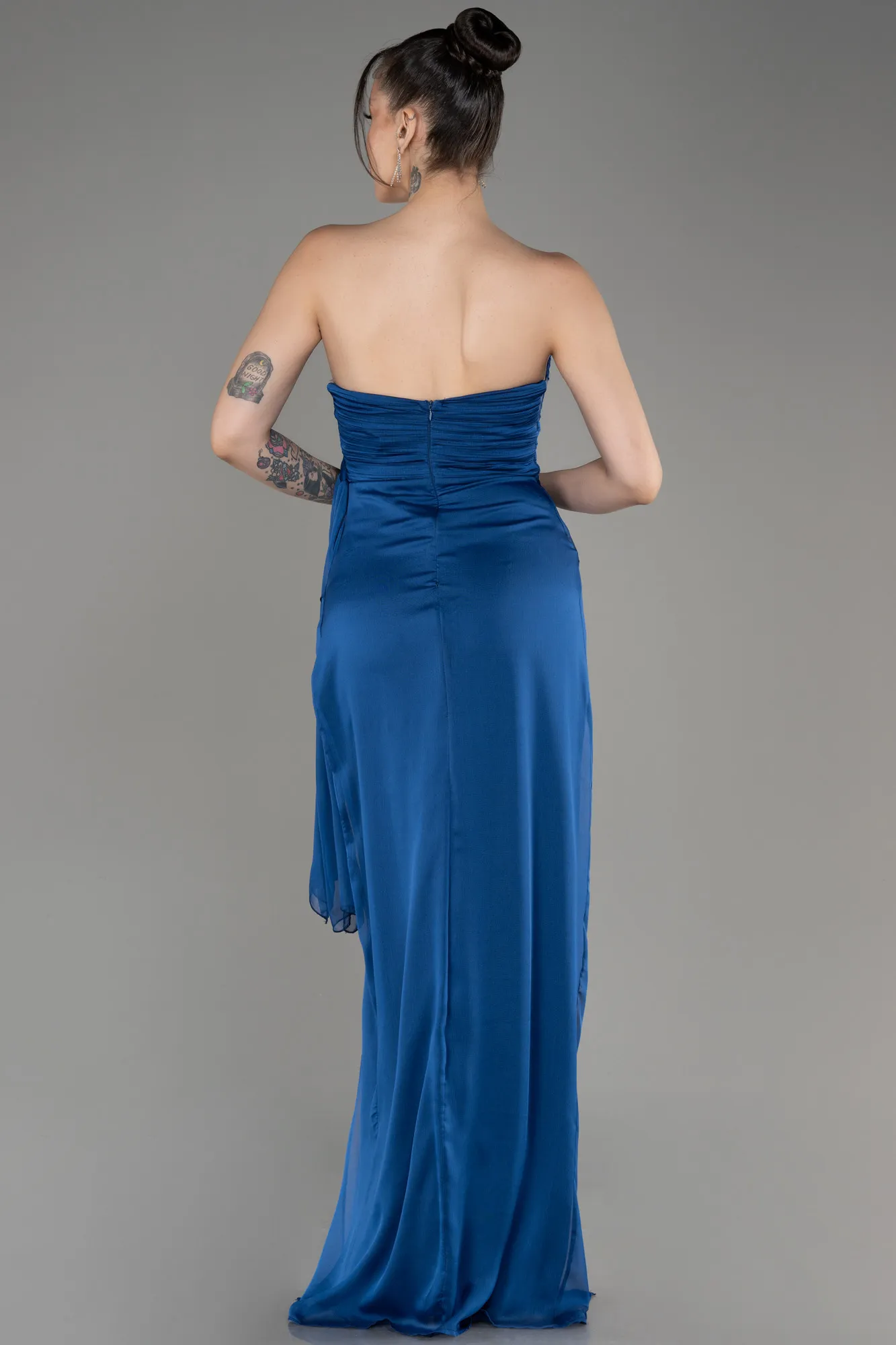 Sax Blue-Strapless Slit Long Chiffon Evening Dress ABU3947