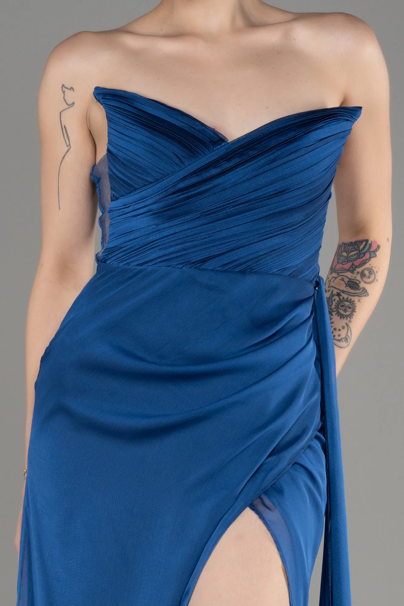 Sax Blue-Strapless Slit Long Chiffon Evening Dress ABU3947