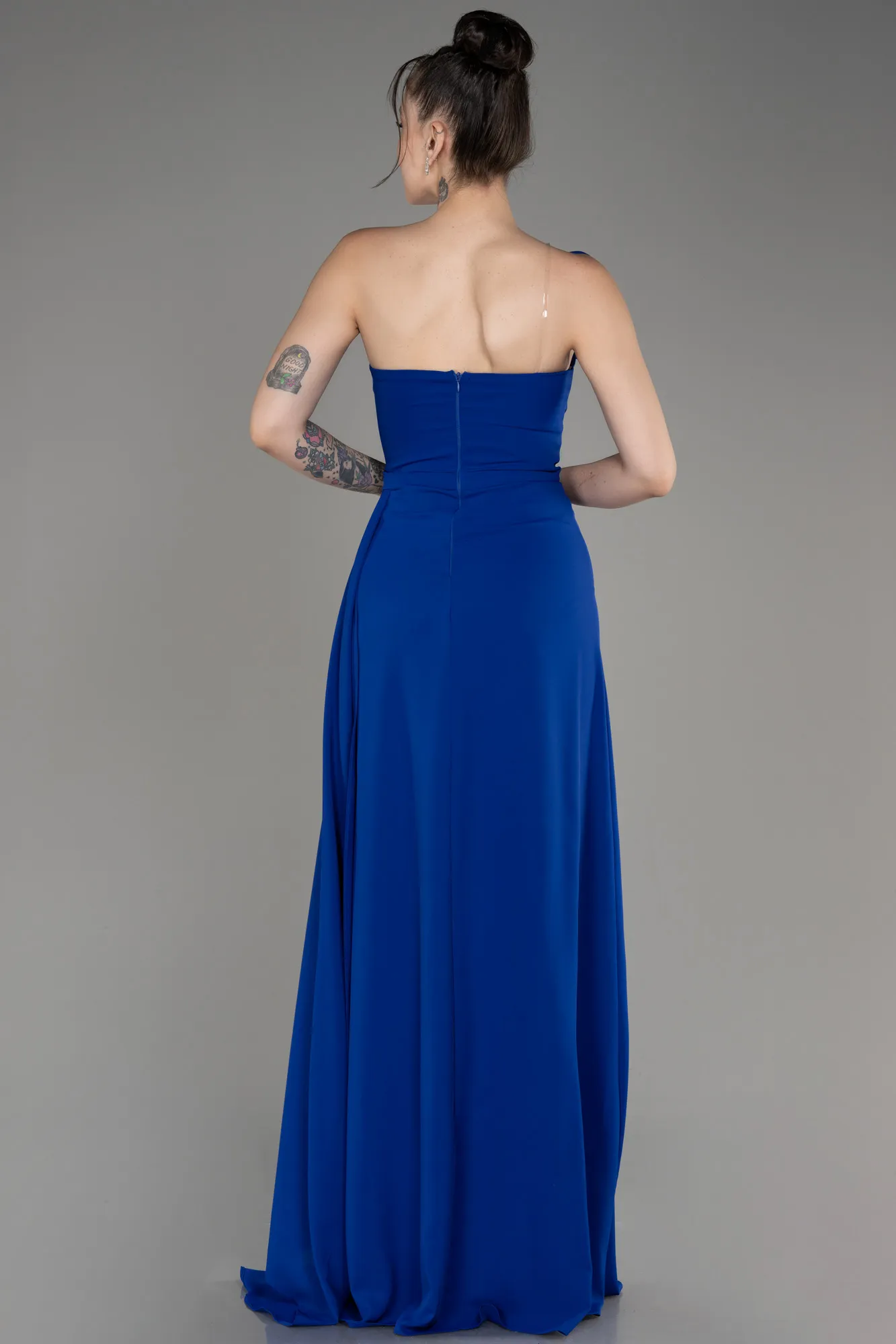 Sax Blue-Strapless Slit Long Chiffon Evening Dress ABU3974