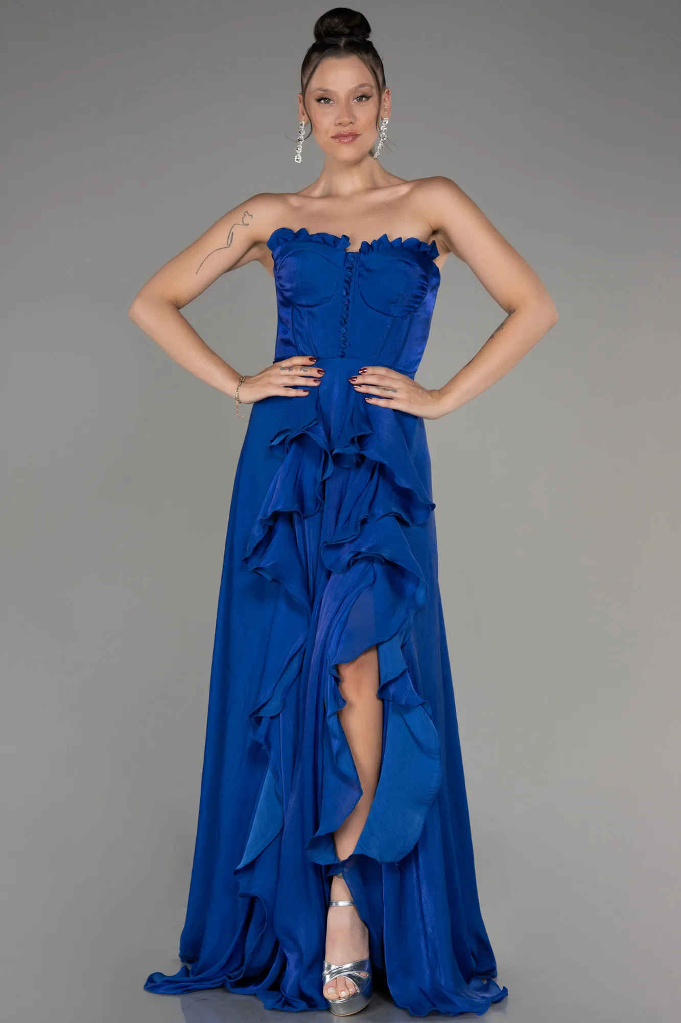 Sax Blue-Strapless Slit Long Chiffon Prom Dress ABU4012