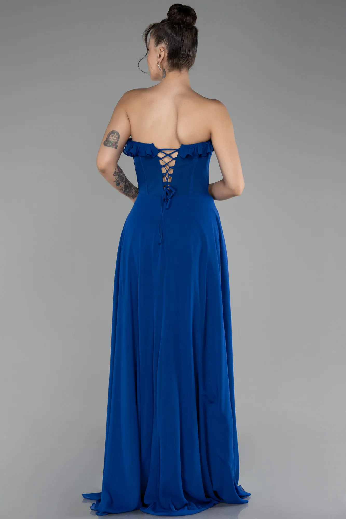 Sax Blue-Strapless Slit Long Chiffon Prom Dress ABU4214