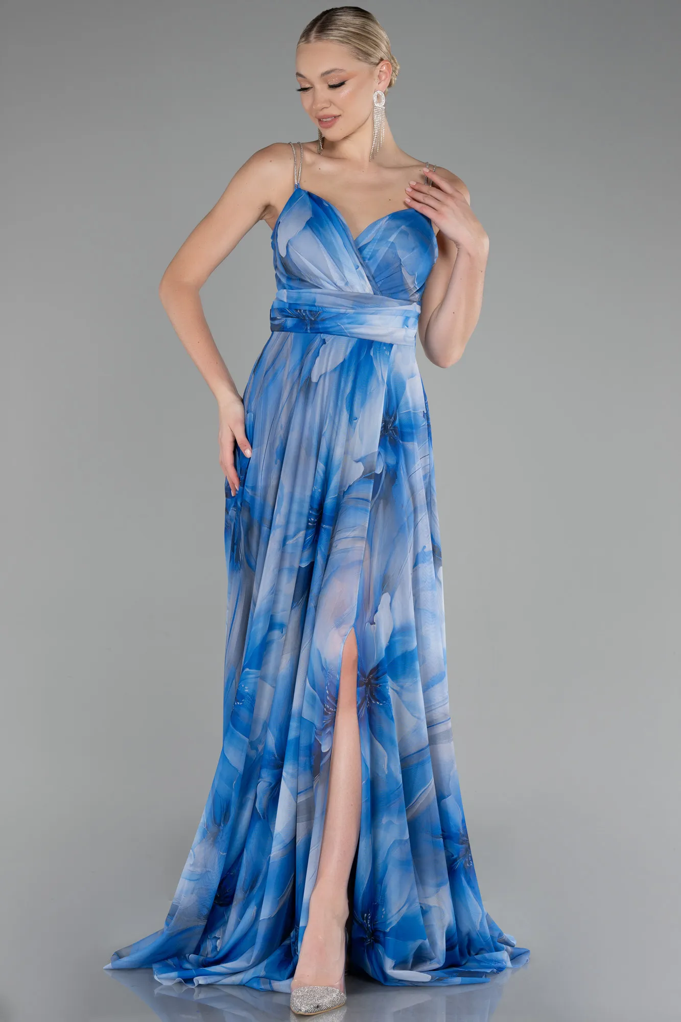 Sax Blue-Strapless Slit Long Empirme Prom Dress ABU4184